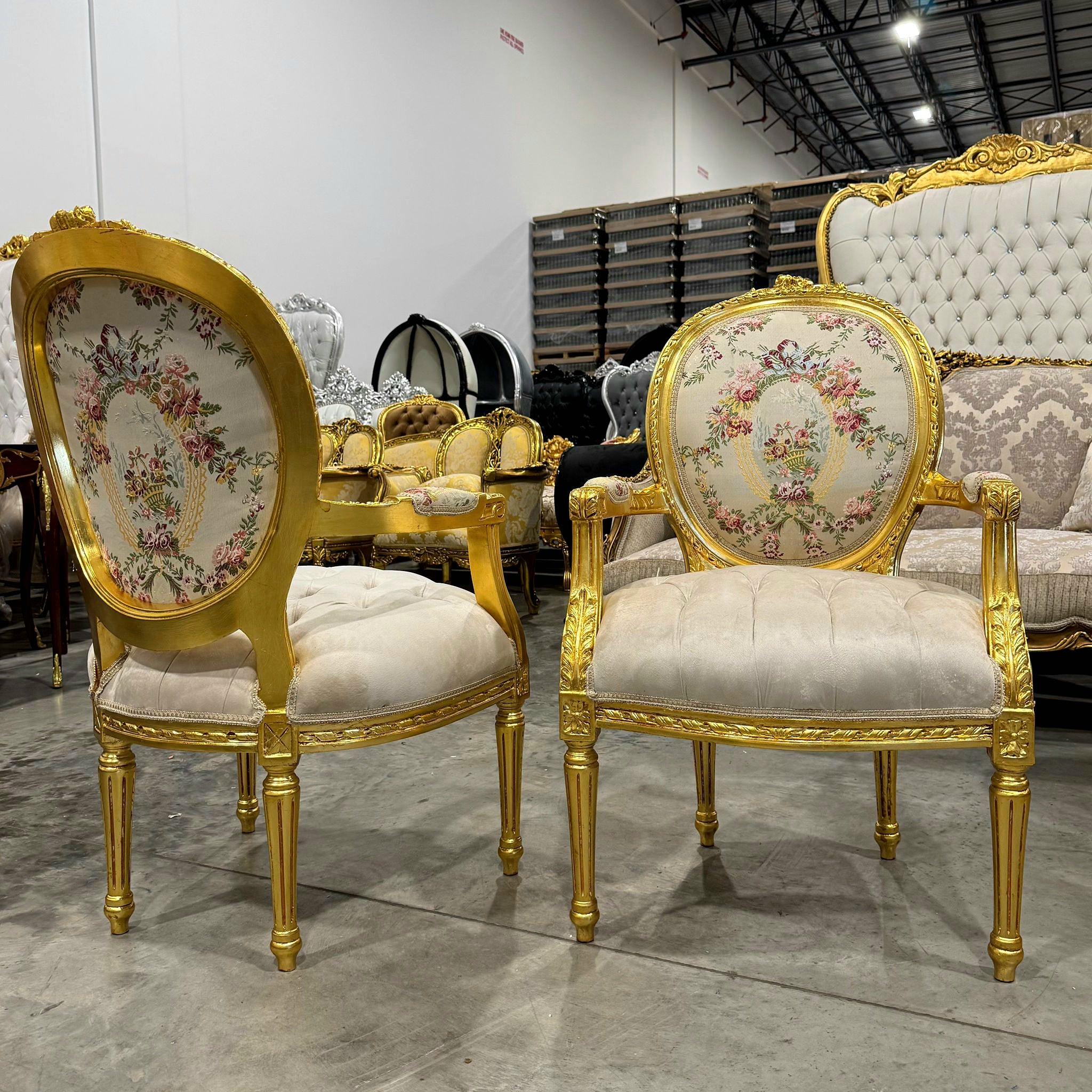 French Style White Velvet Chair with Gold Details Rococo Baroque