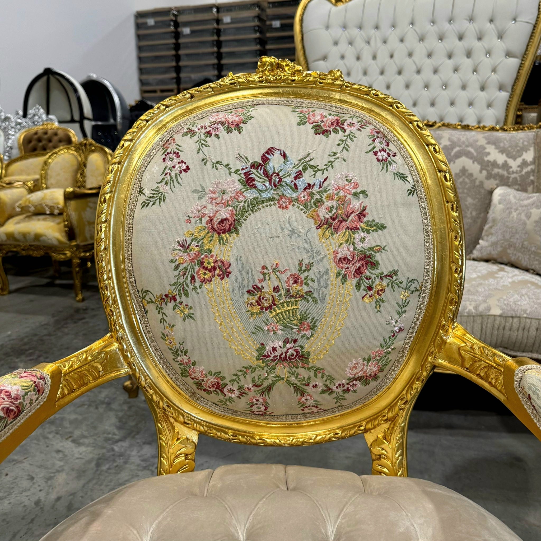 French Style White Velvet Chair with Gold Details Rococo Baroque