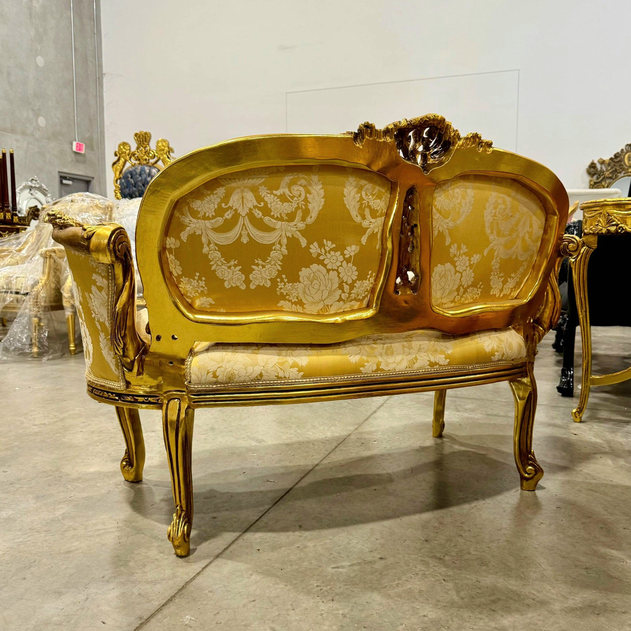 Handcrafted French Gold Sofa – Rococo Style with Designer Upholstery Gold Leaf