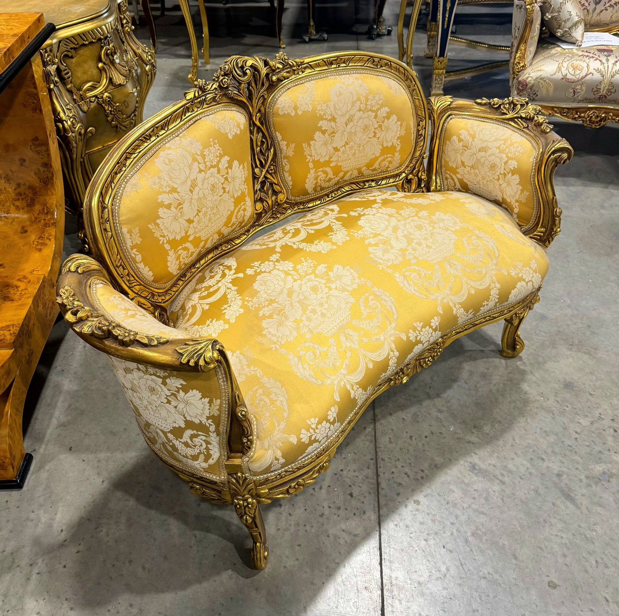 Handcrafted French Gold Sofa – Rococo Style with Designer Upholstery Gold Leaf