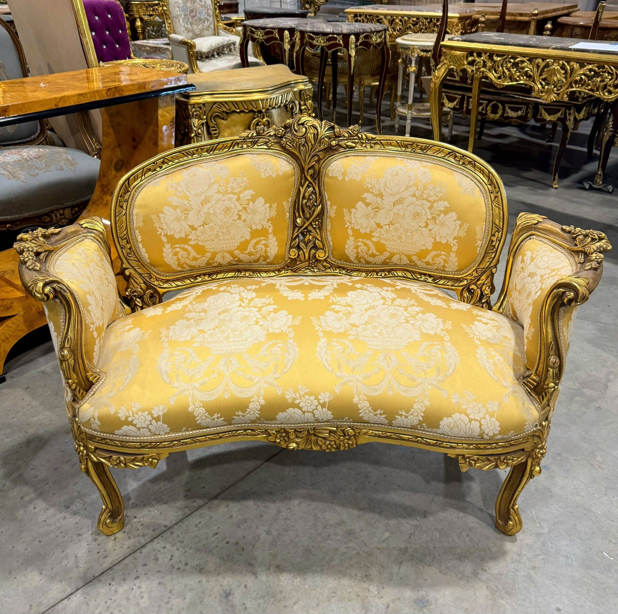 Handcrafted French Gold Sofa – Rococo Style with Designer Upholstery Gold Leaf
