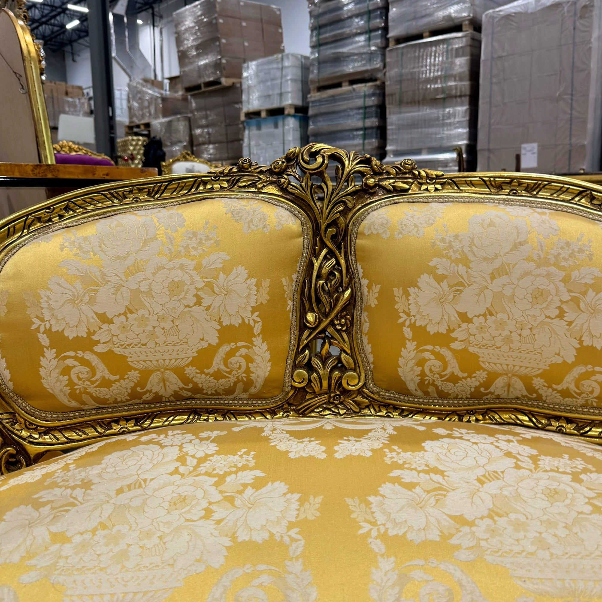 Handcrafted French Gold Sofa – Rococo Style with Designer Upholstery Gold Leaf