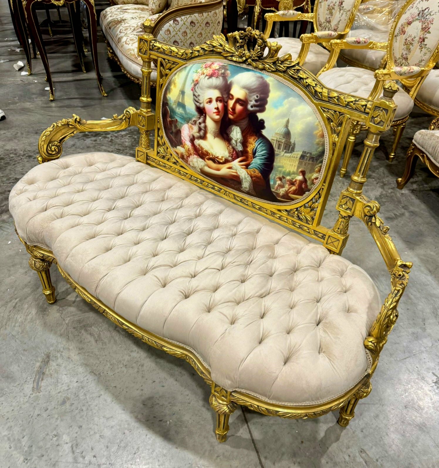 French Louis XV Style Sofa with Embroidery and Gold Details Furniture