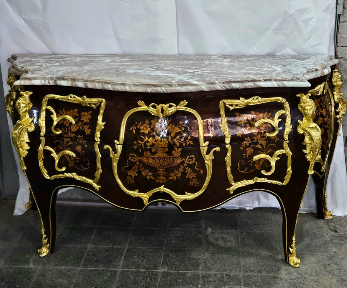 Louis XV Style Chest of Drawers Commode Marble Topped Gold Leaf Details