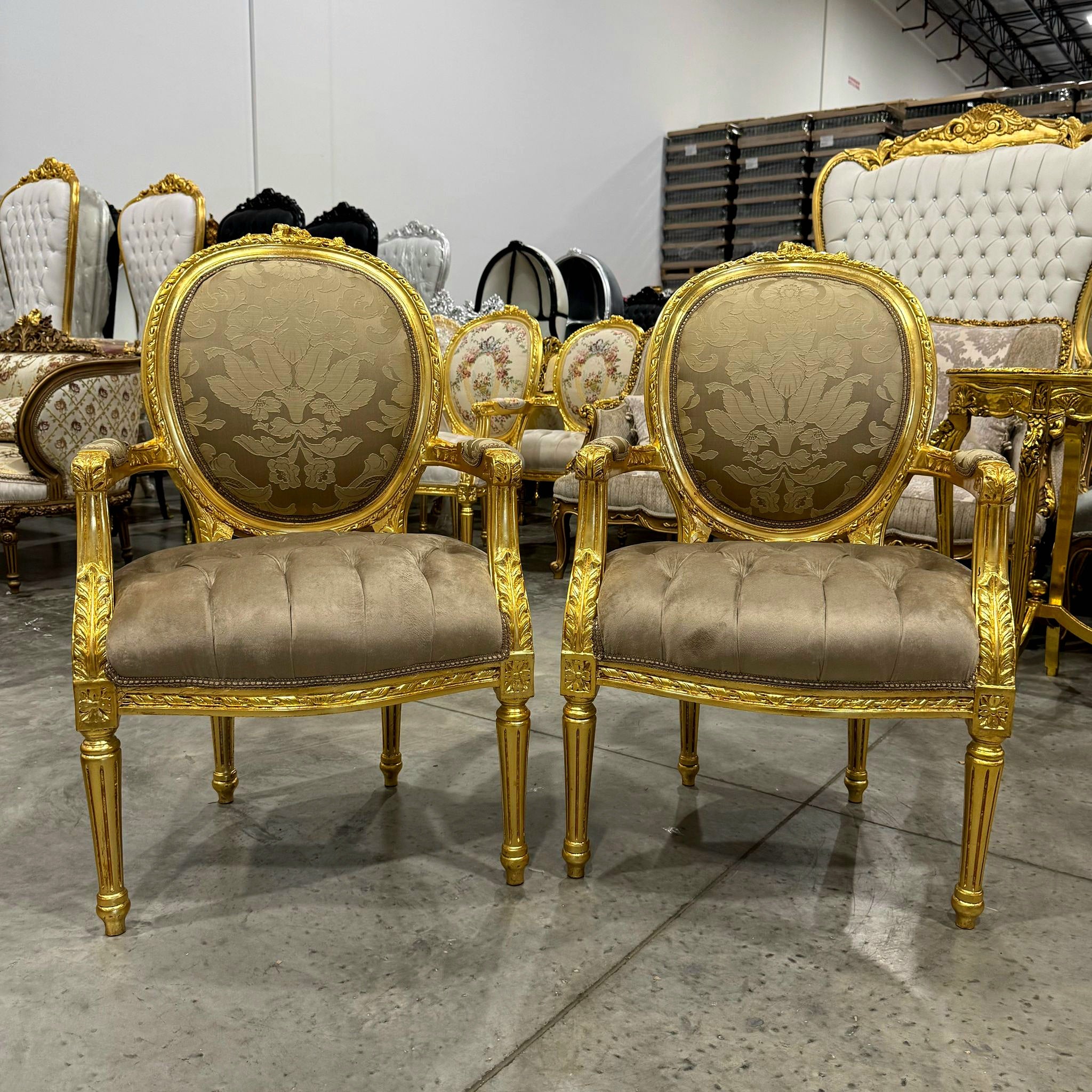 French Style Light Borwn Velvet Chair with Gold Details Rococo Baroque