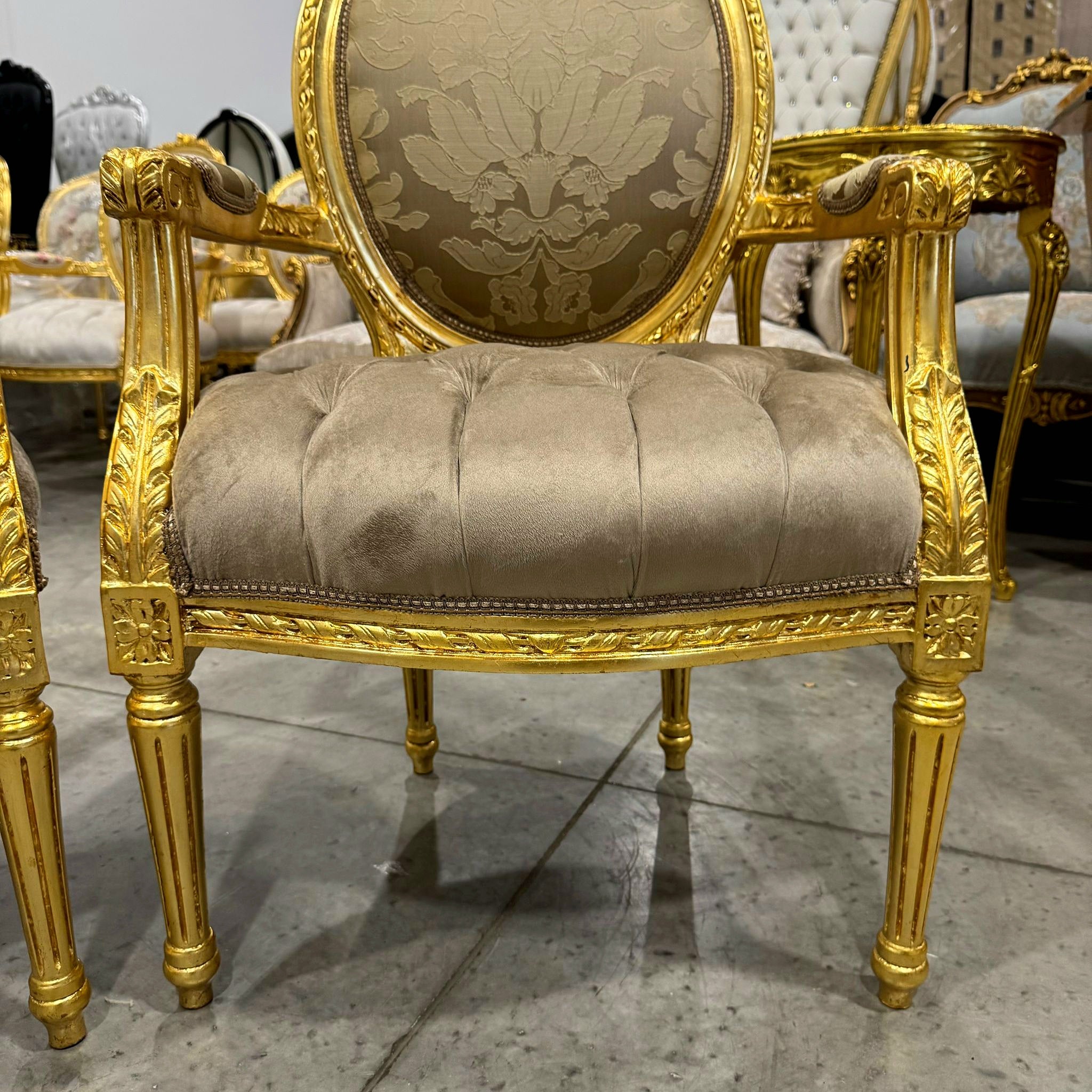 French Style Light Borwn Velvet Chair with Gold Details Rococo Baroque