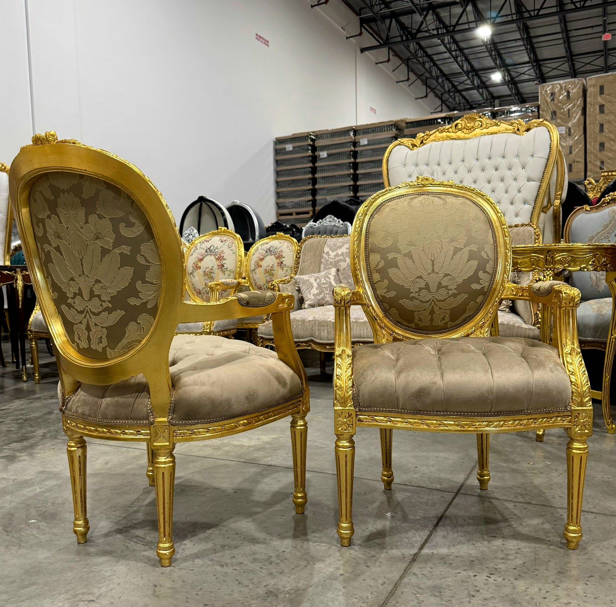 French Style Light Borwn Velvet Chair with Gold Details Rococo Baroque