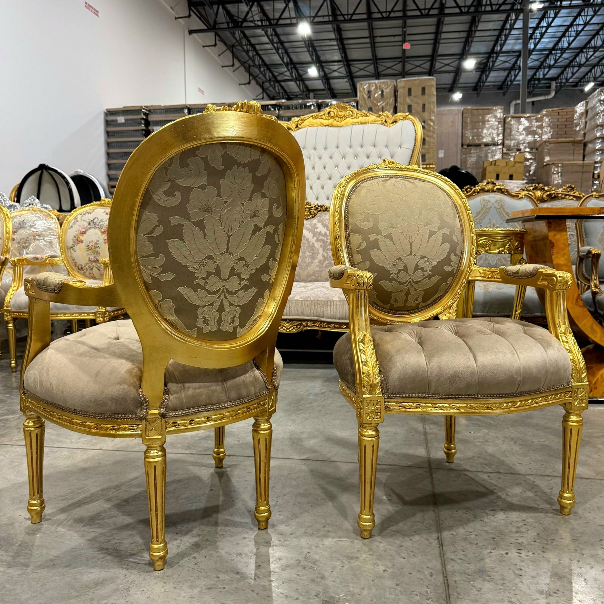 French Style Light Borwn Velvet Chair with Gold Details Rococo Baroque