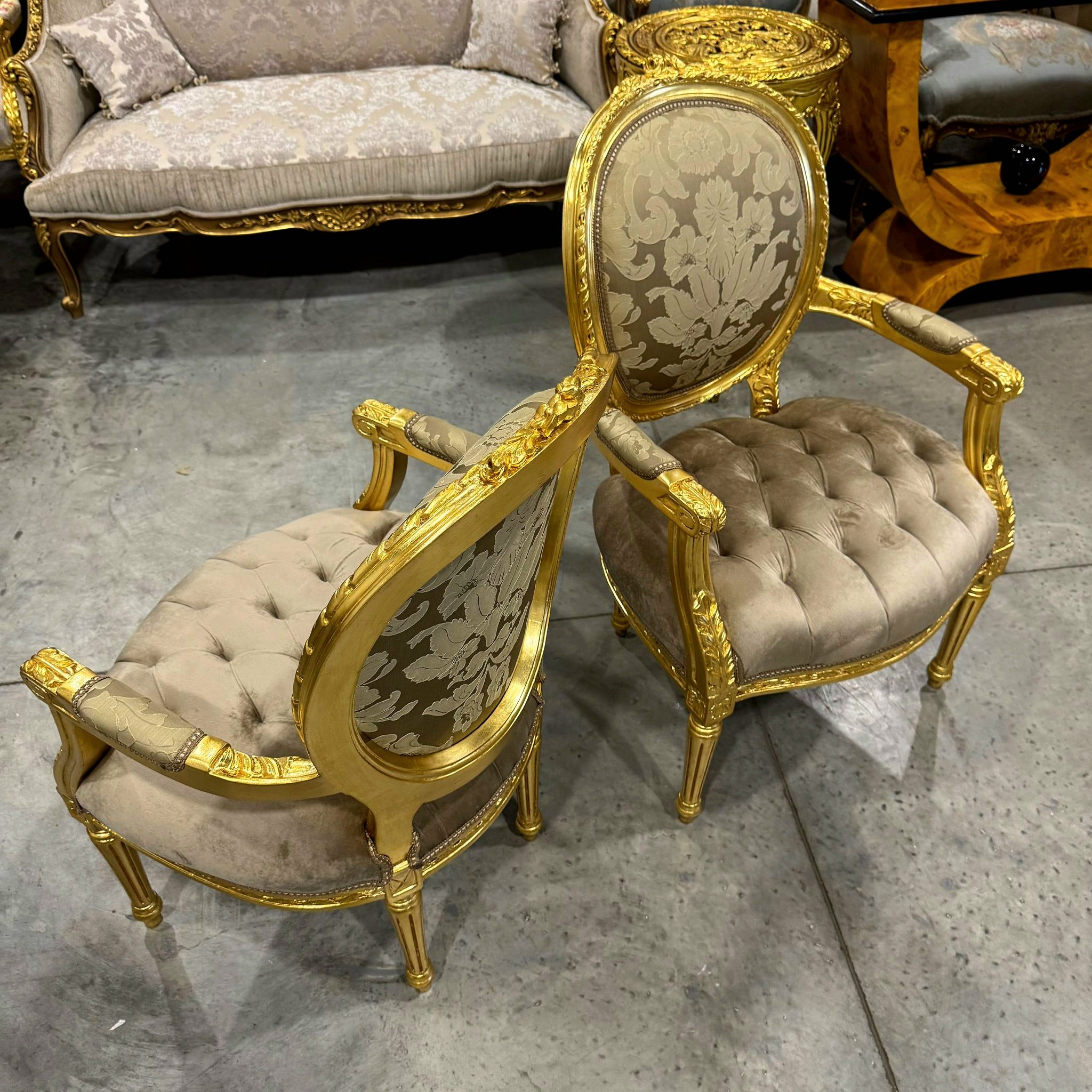 French Style Light Borwn Velvet Chair with Gold Details Rococo Baroque
