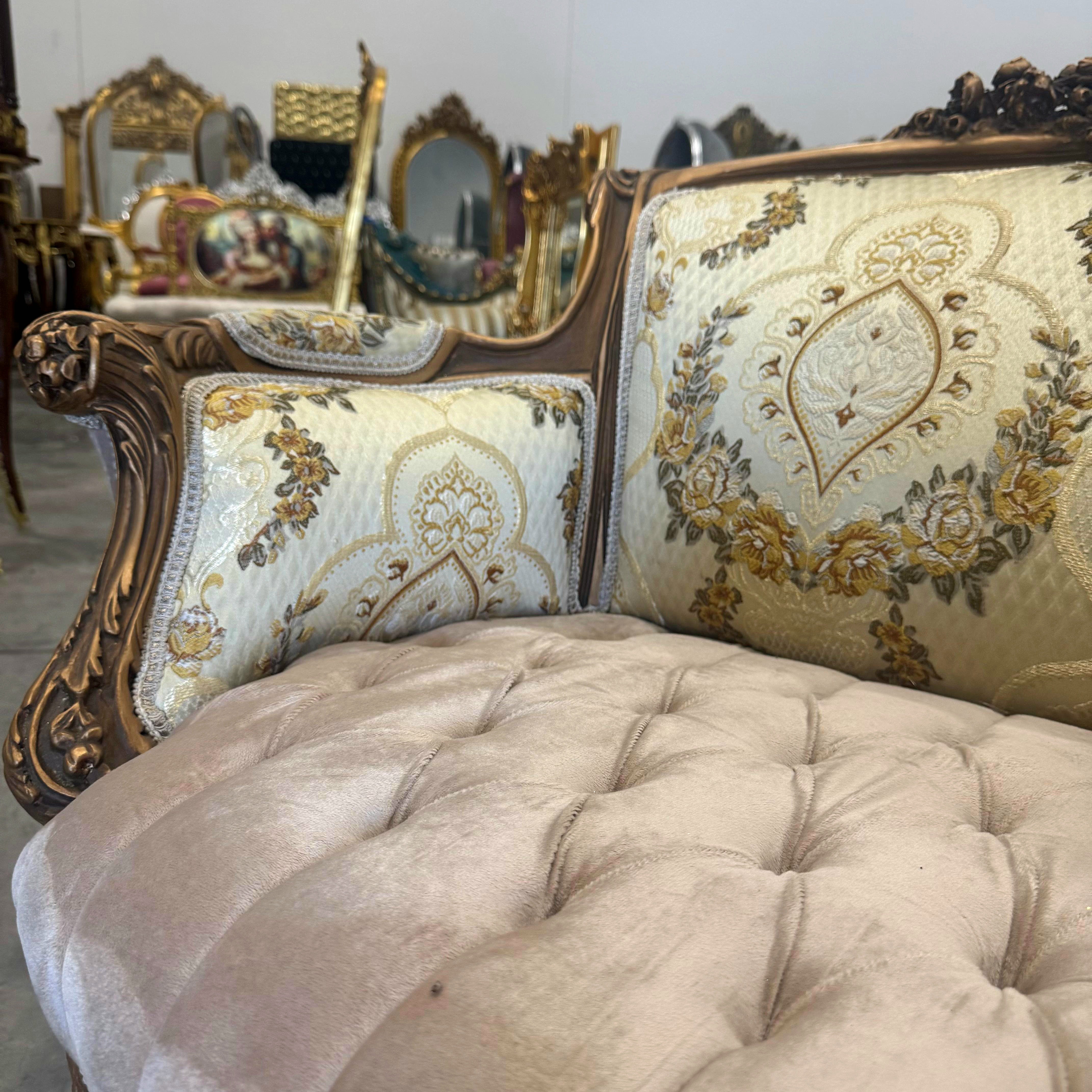 French Sofa Beige White Upholstery & Ornate Carvings Baroque Style