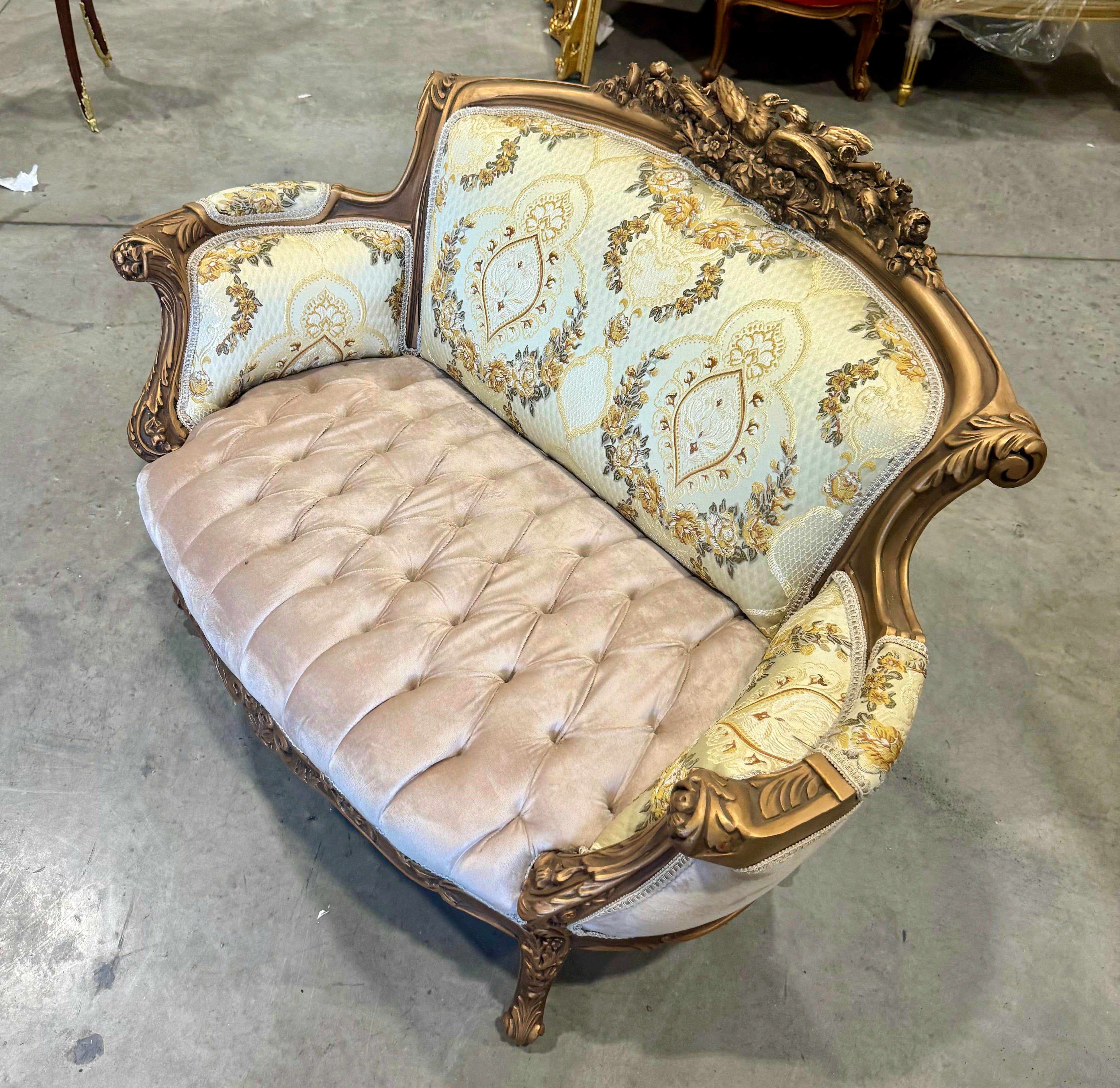 French Sofa Beige White Upholstery & Ornate Carvings Baroque Style