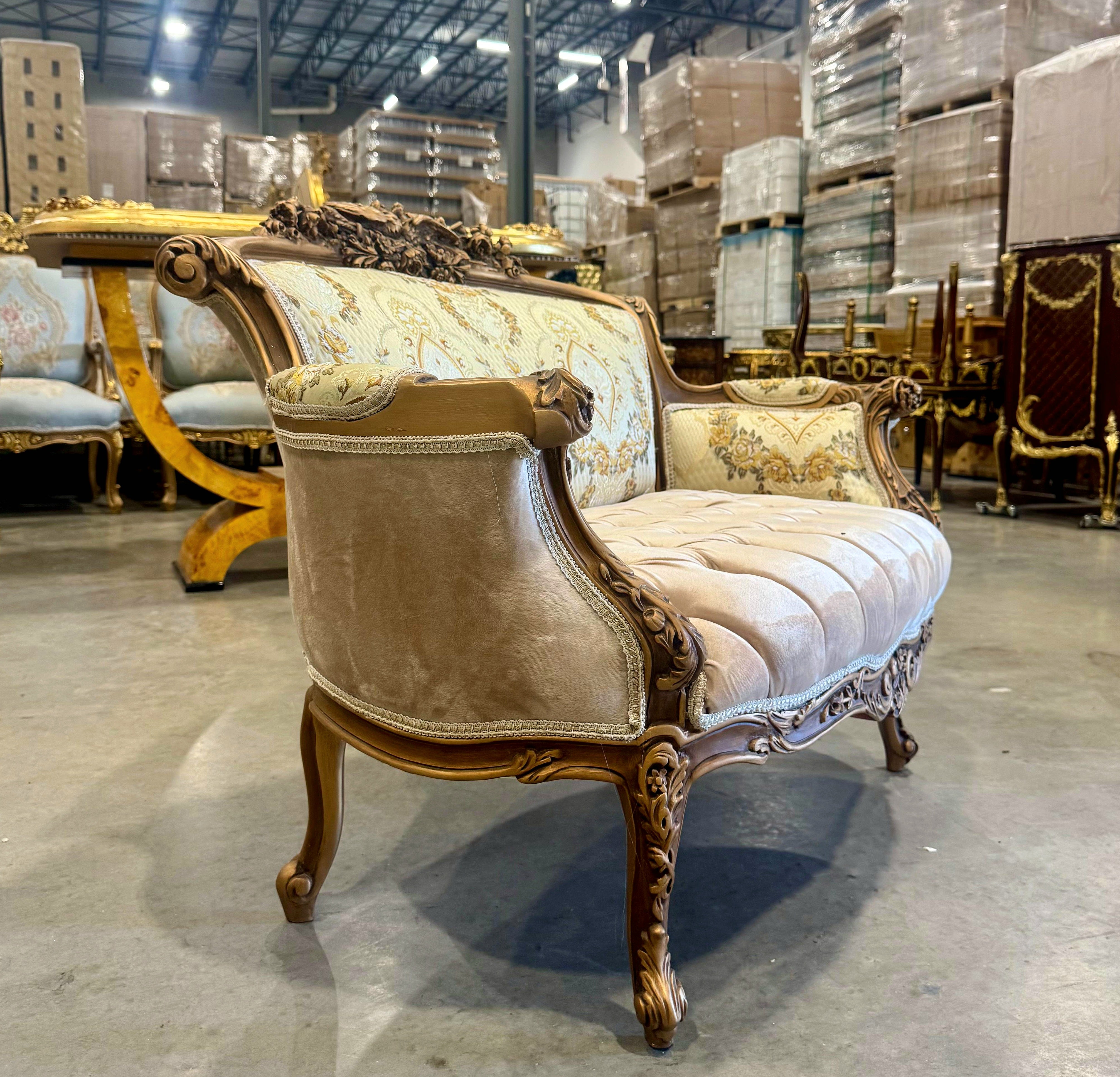 French Sofa Beige White Upholstery & Ornate Carvings Baroque Style