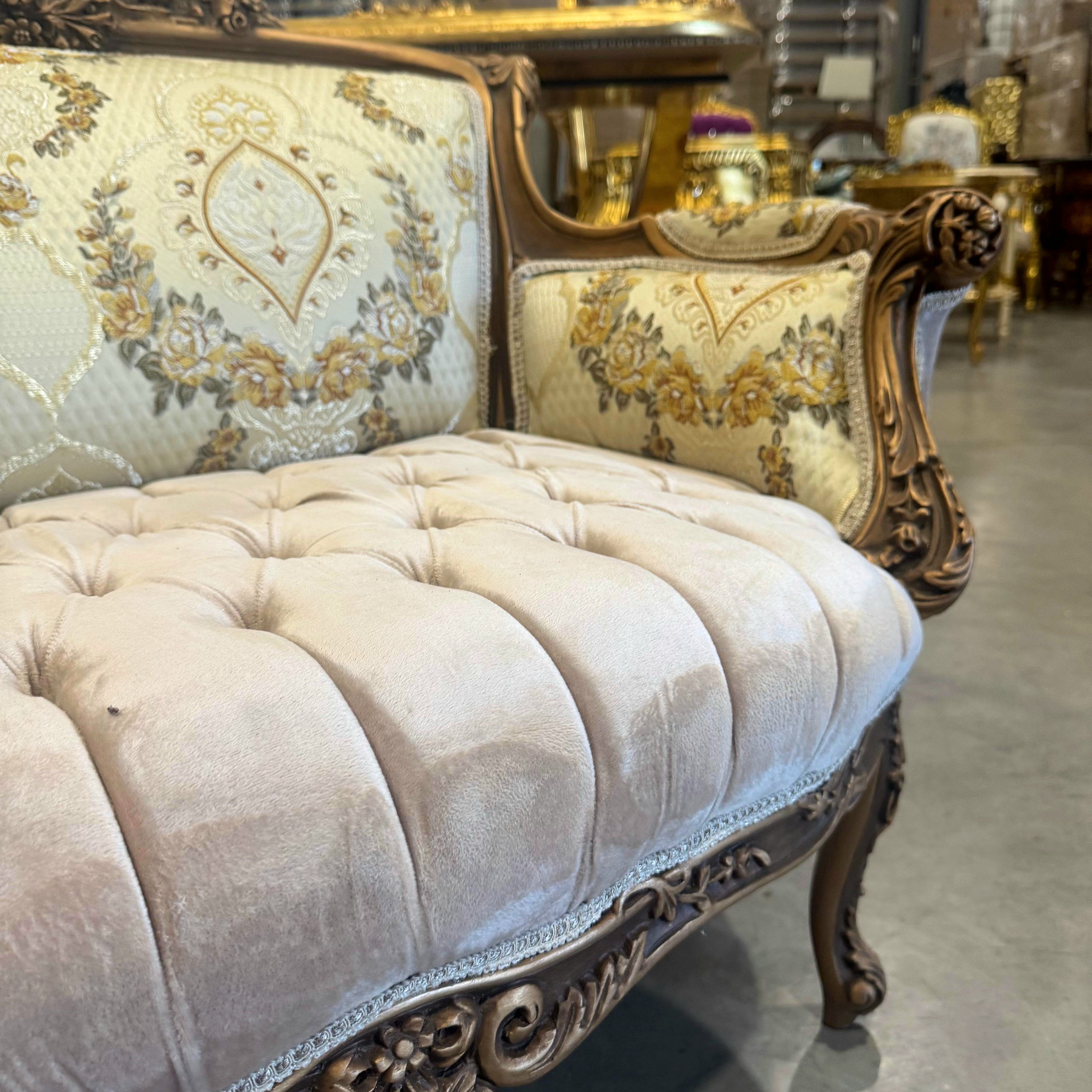 French Sofa Beige White Upholstery & Ornate Carvings Baroque Style