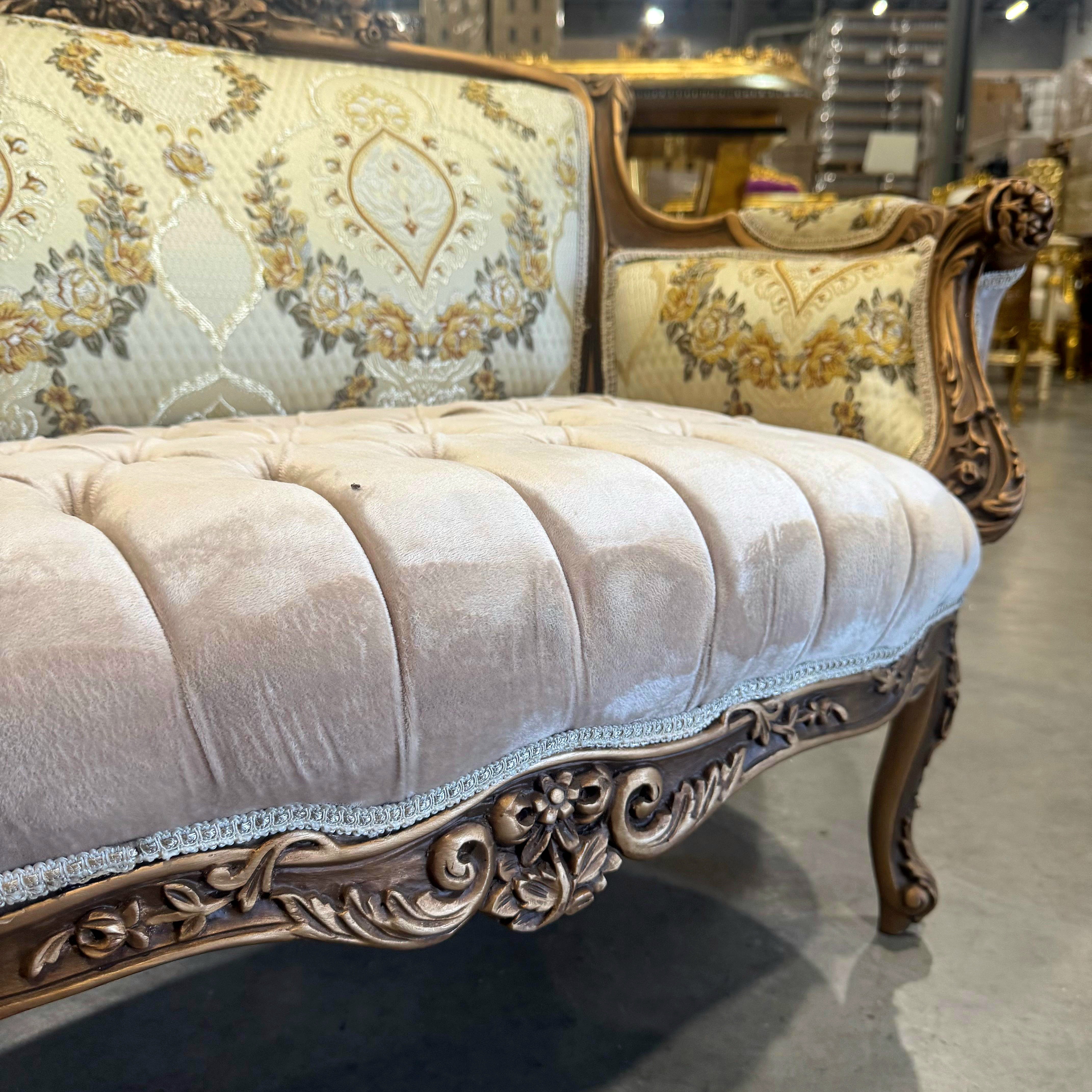 French Sofa Beige White Upholstery & Ornate Carvings Baroque Style