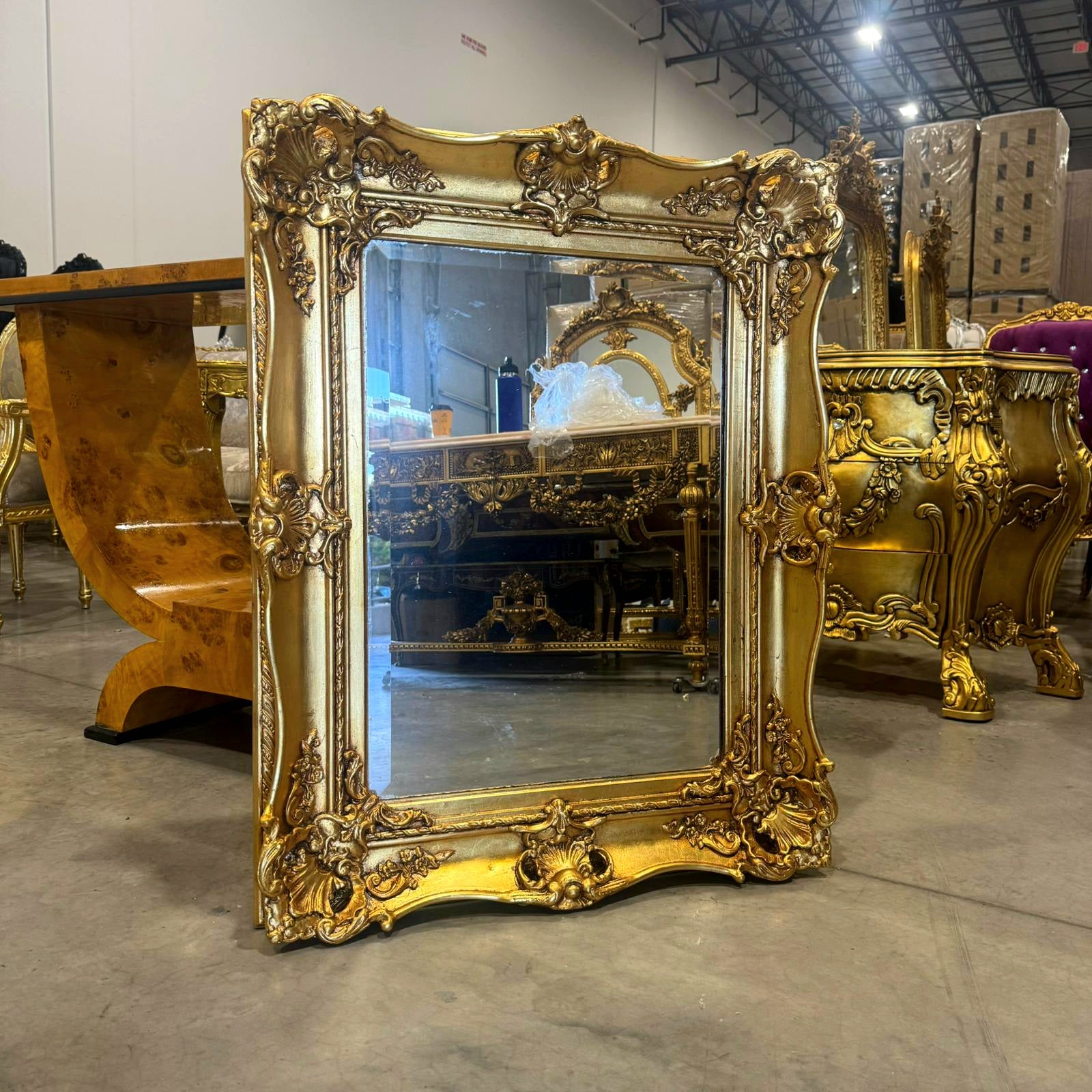 French Baroque Style Wall Mirror – Ornate Gold Leaf Frame Home Décor