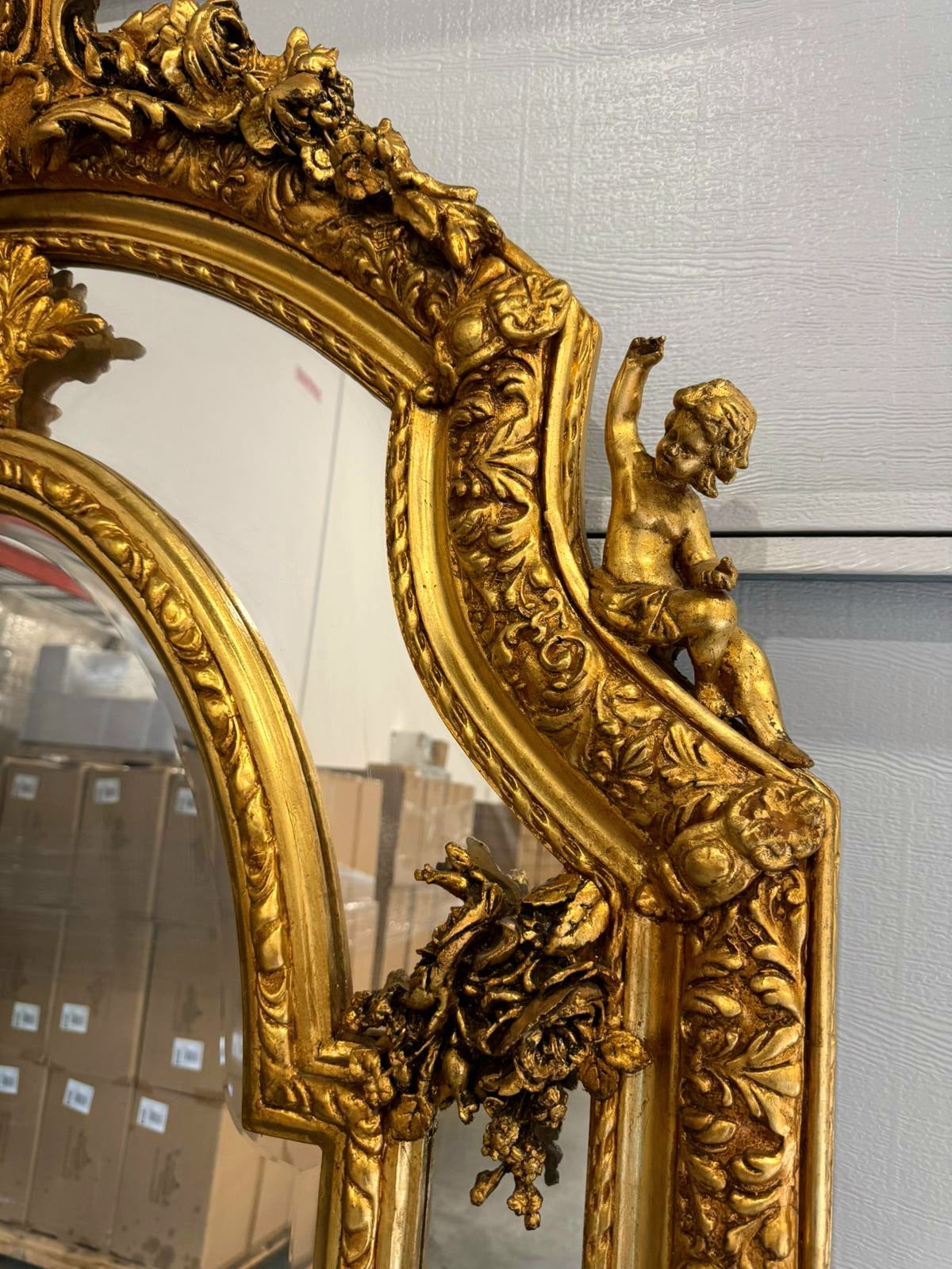Baroque Rococo Floor Mirror – Gold Leaf Finish, Angels Carved on Both Sides
