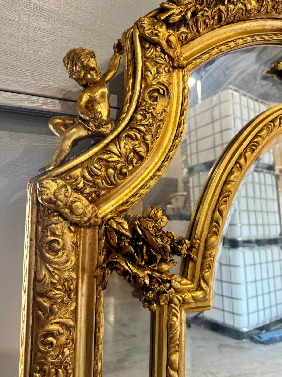 Baroque Rococo Floor Mirror – Gold Leaf Finish, Angels Carved on Both Sides
