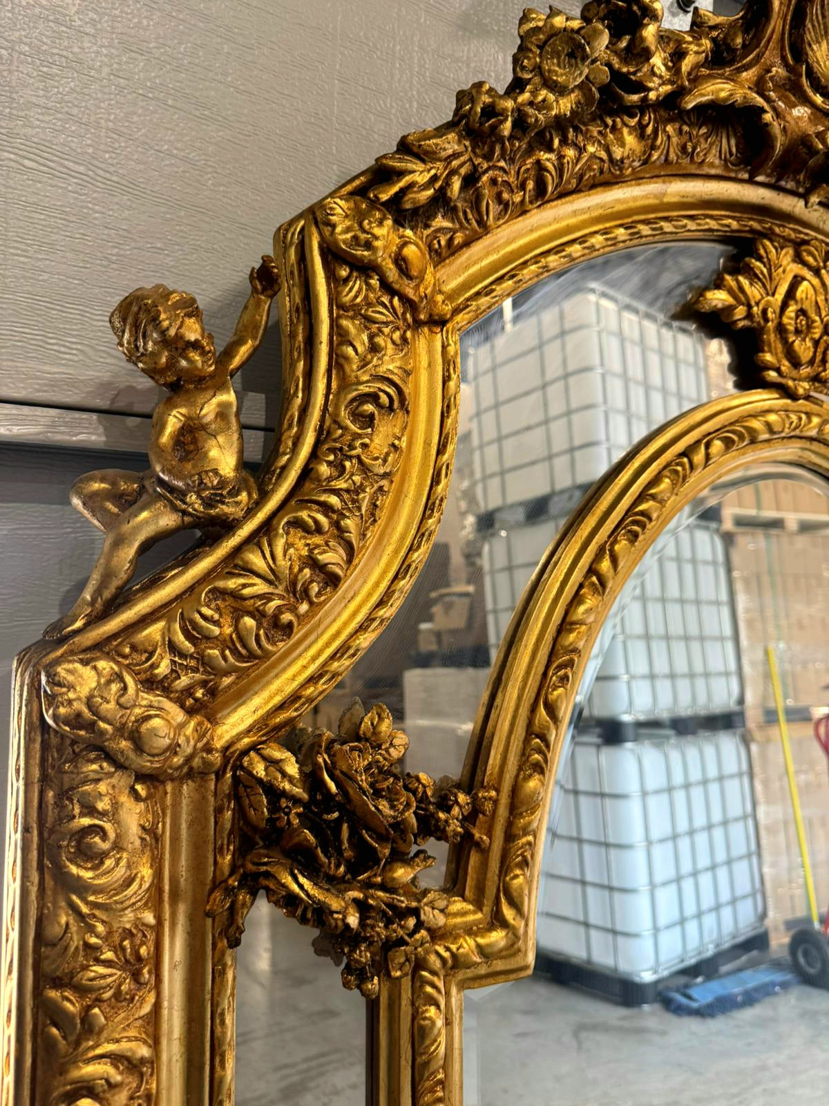 Baroque Rococo Floor Mirror – Gold Leaf Finish, Angels Carved on Both Sides