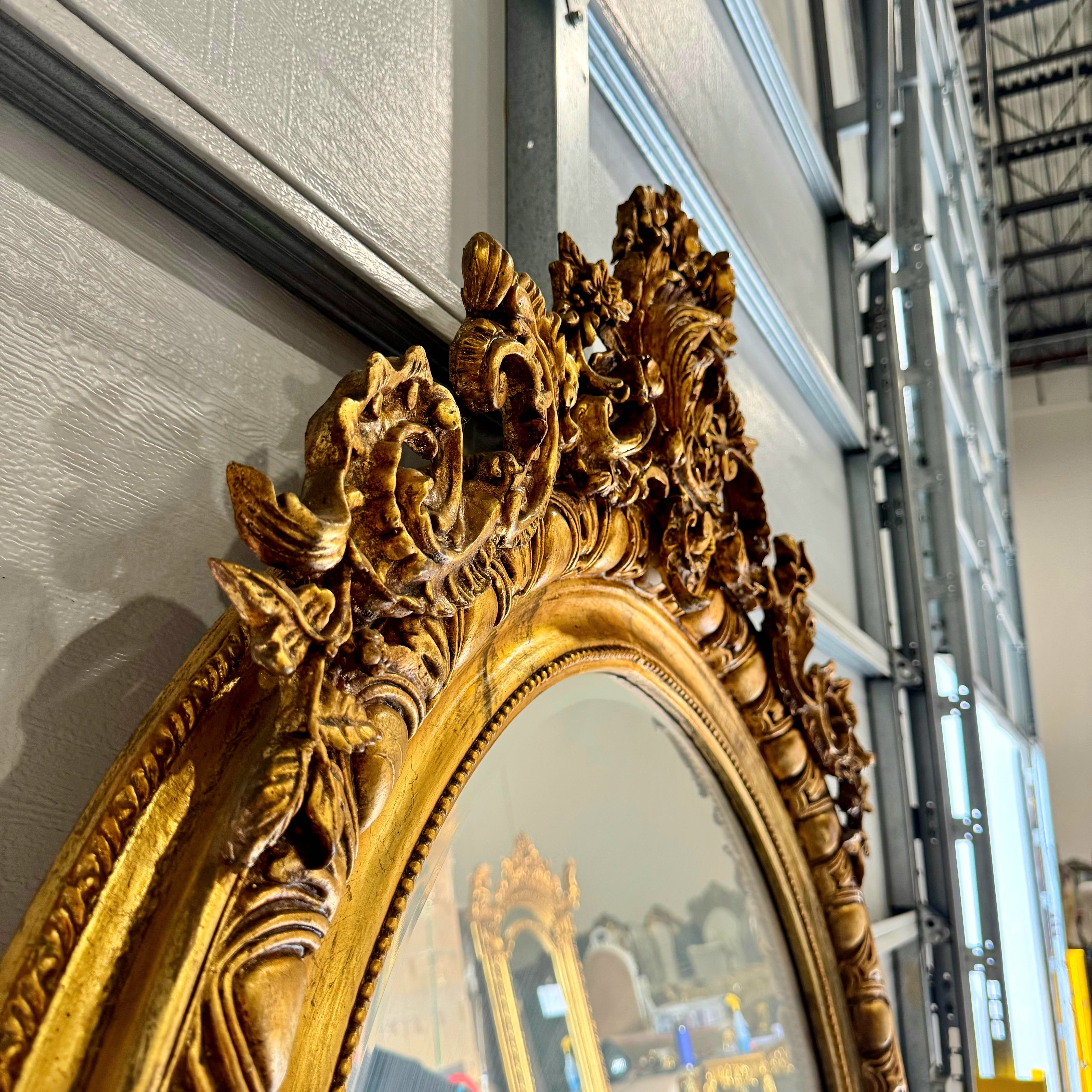 French Rococo Style Floor Mirror – 84" Tall, Gold Leaf Frame