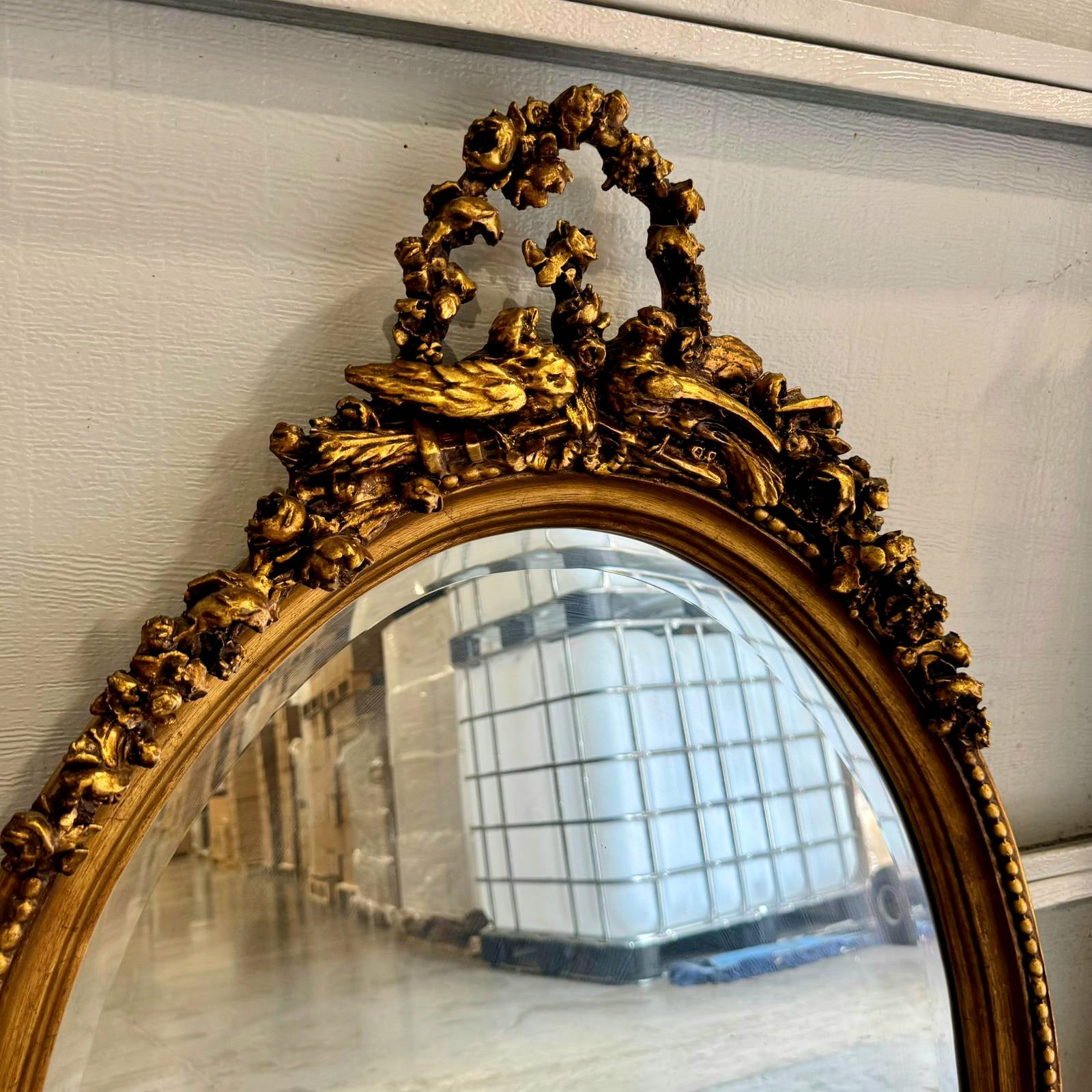 French Italian Style Oval Mirror – Gold Leaf Frame with Birds & Flowers