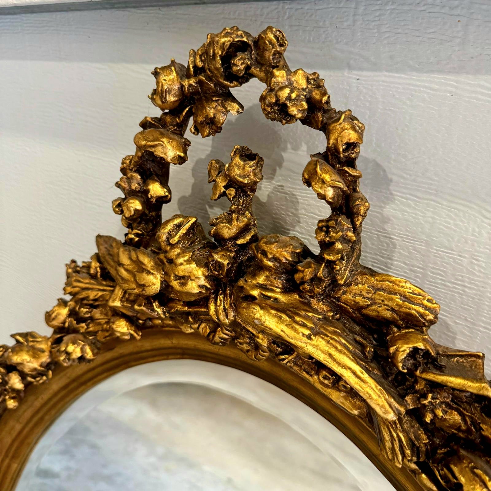 French Italian Style Oval Mirror – Gold Leaf Frame with Birds & Flowers