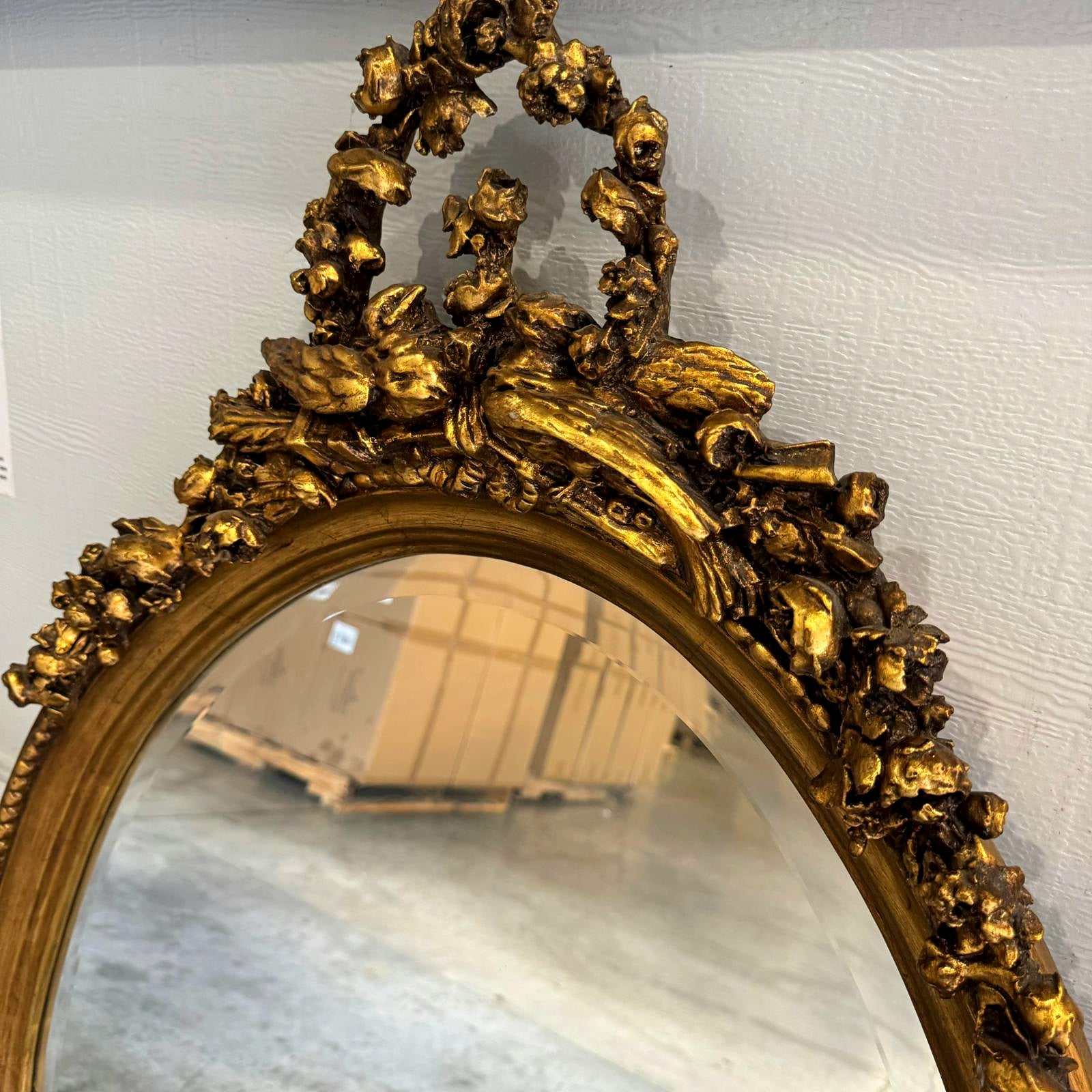 French Italian Style Oval Mirror – Gold Leaf Frame with Birds & Flowers