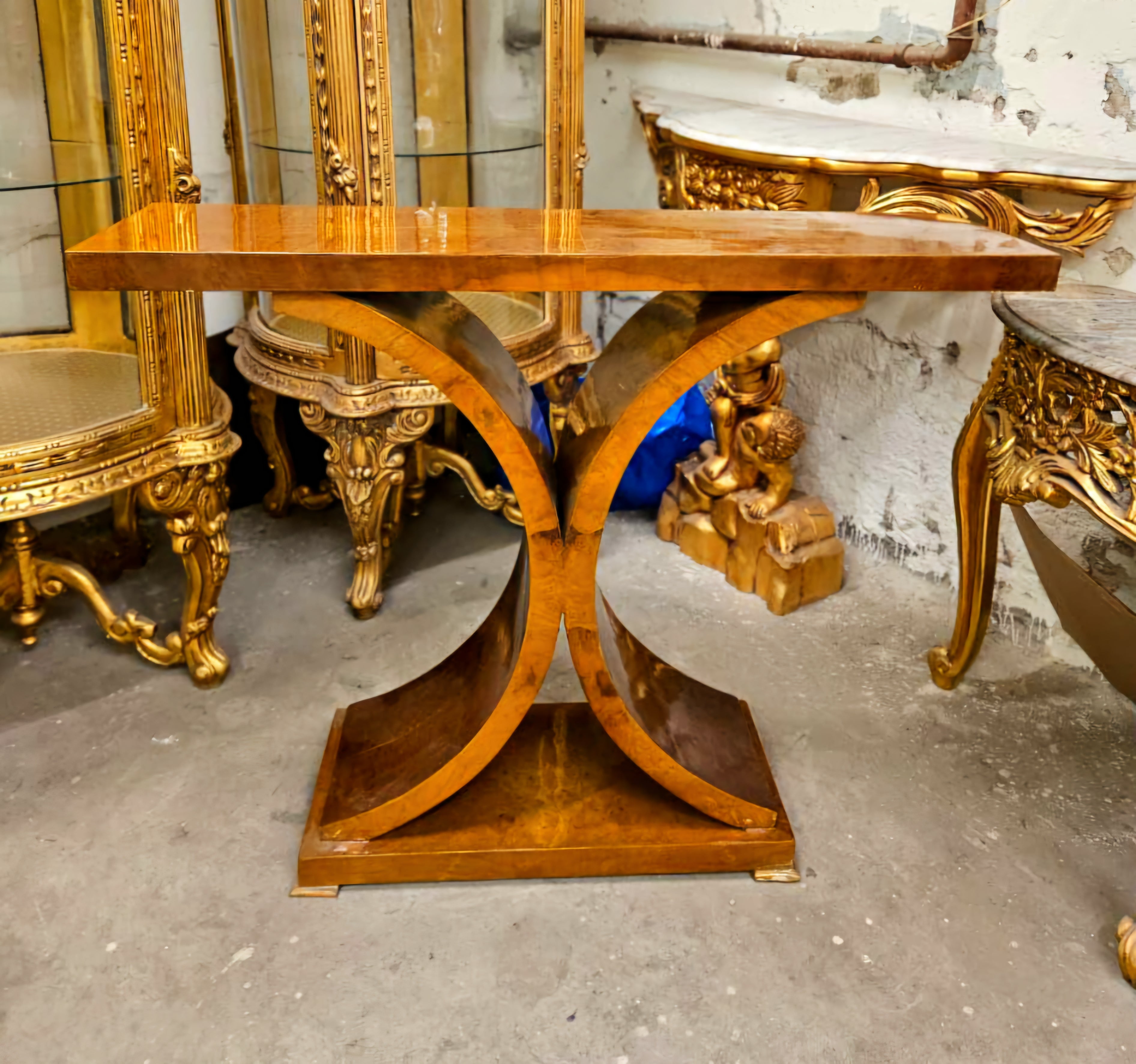 Art Deco Burl Wood Pedestal Console Table – One Drawer With Elegant Base
