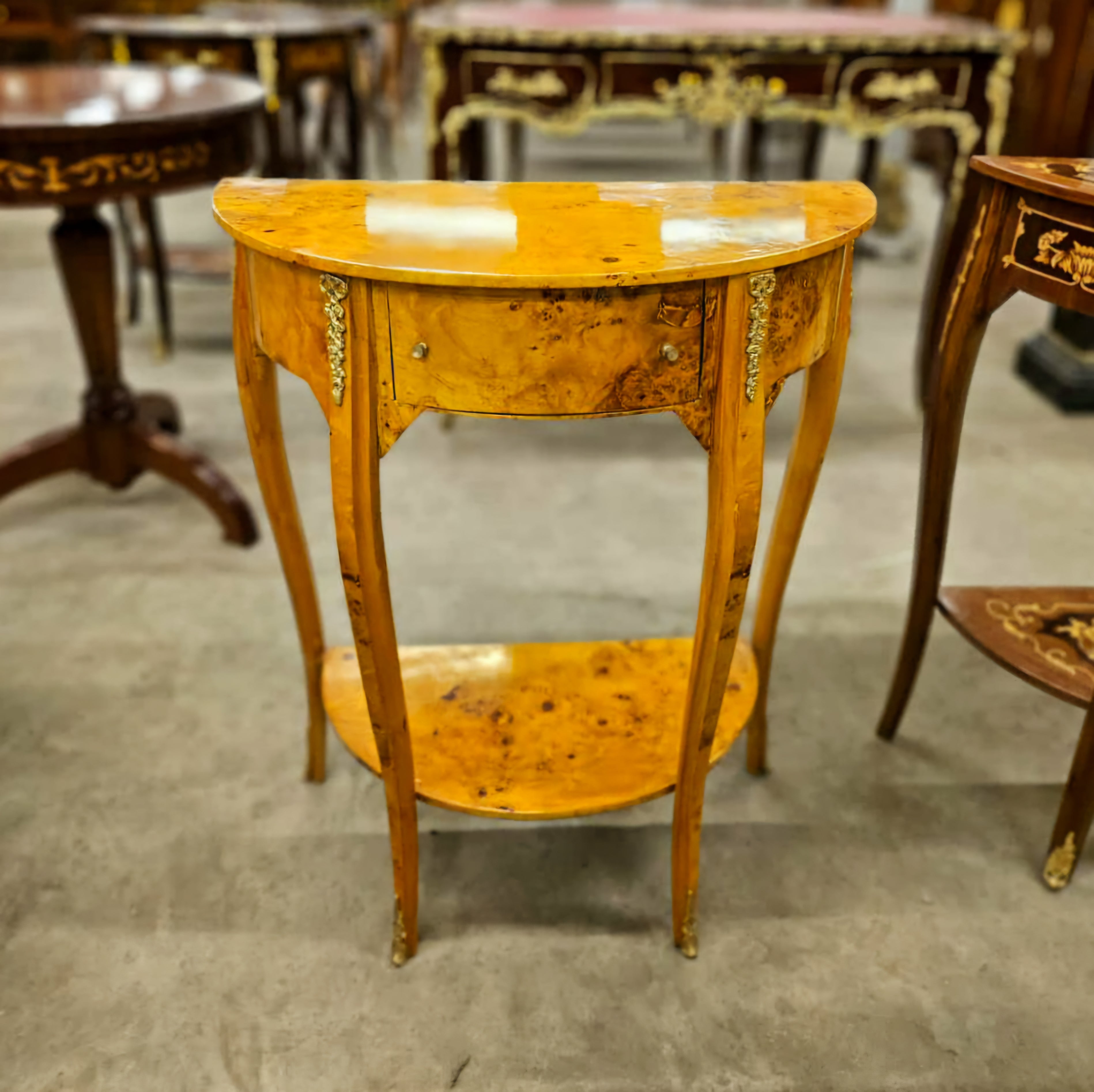 Louis XV Style French Bedside Table – Marquetry Wood with Gold Leaf Drawer, Elegant Design