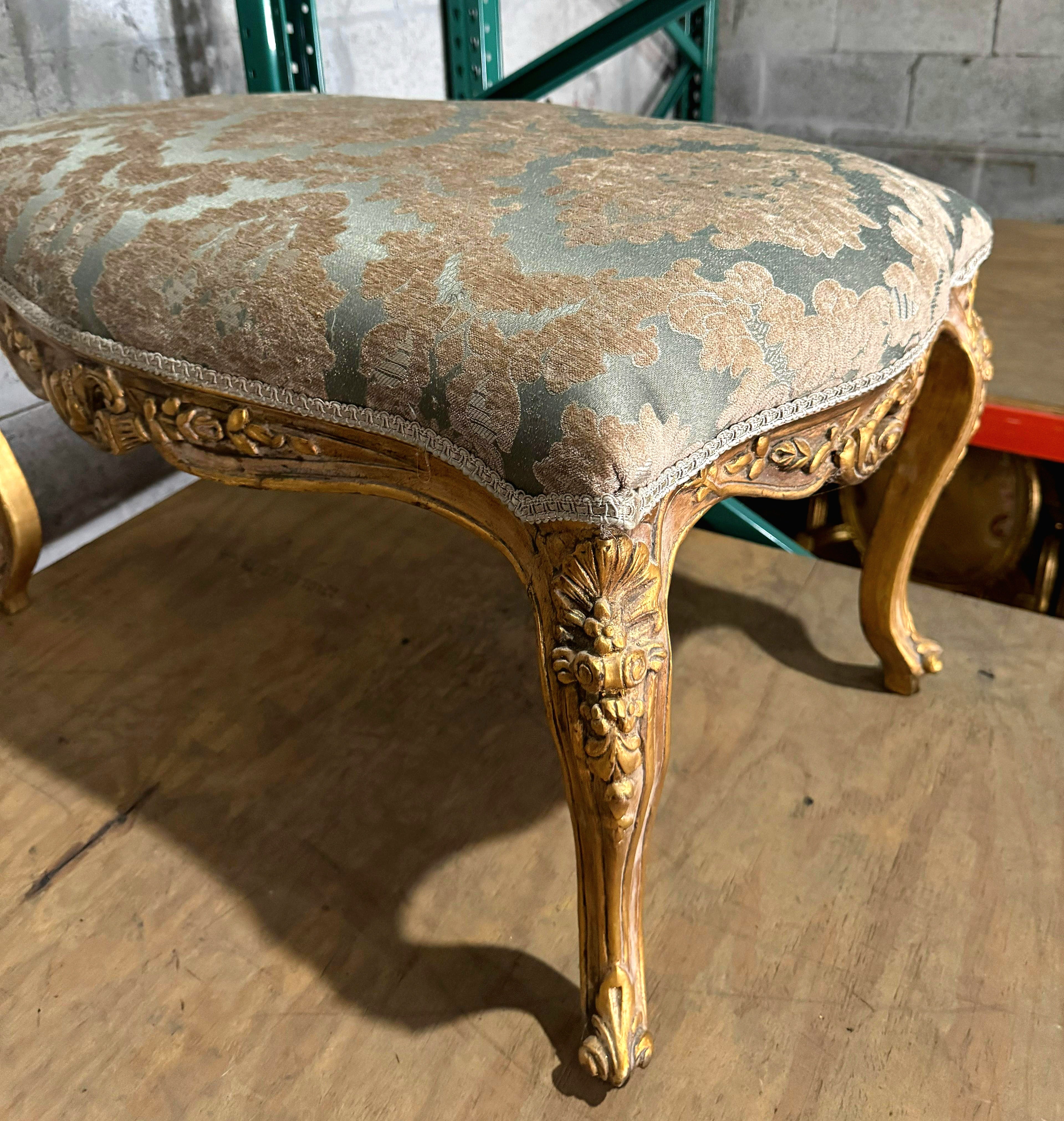 Luxury French Style Gold Leaf Bench – Tufted Damask Upholstery | Elegant Handmade Furniture
