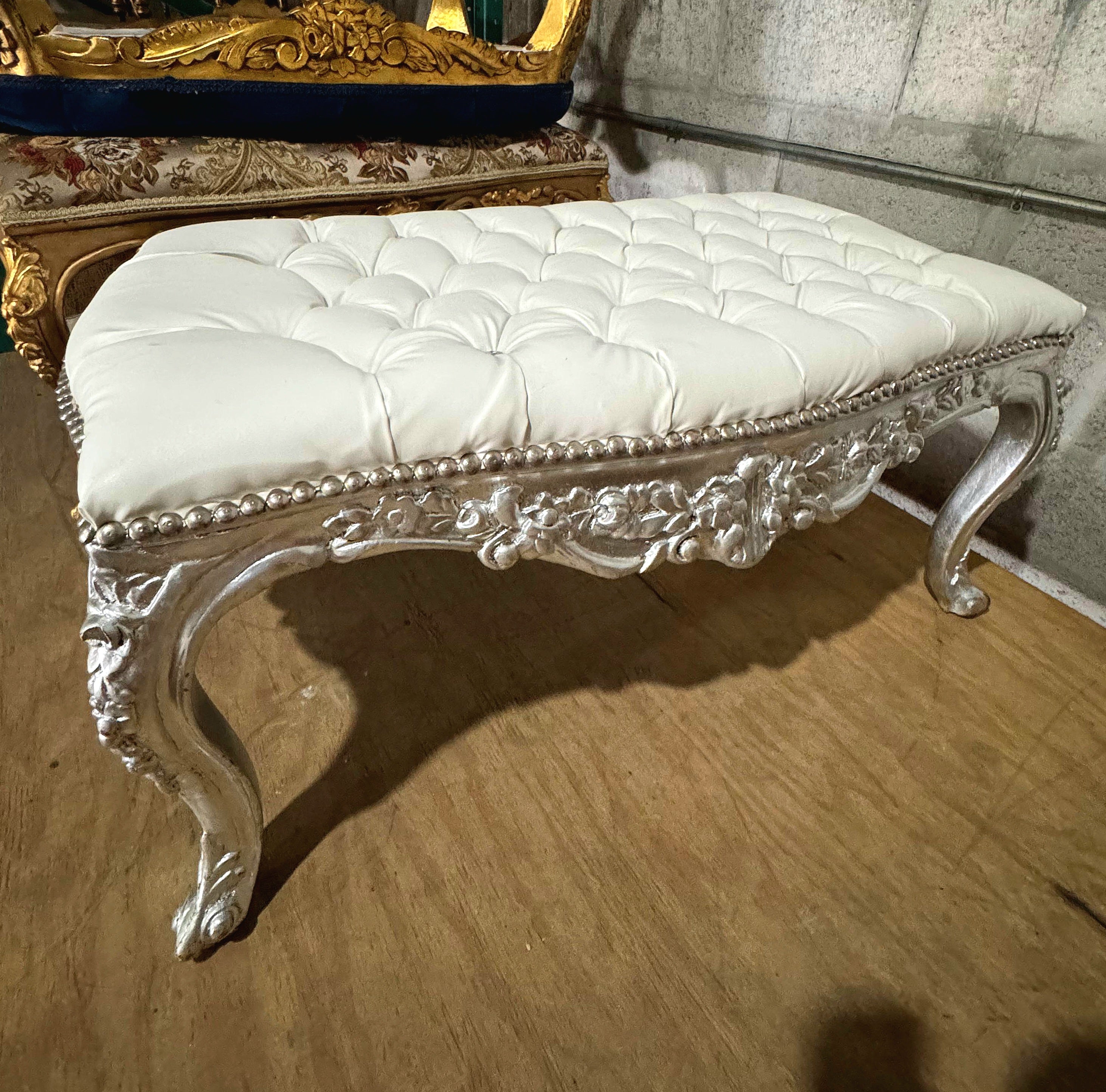 Luxury French Style Silver Leaf Bench – Tufted Designer Upholstery | Elegant Handmade Furniture