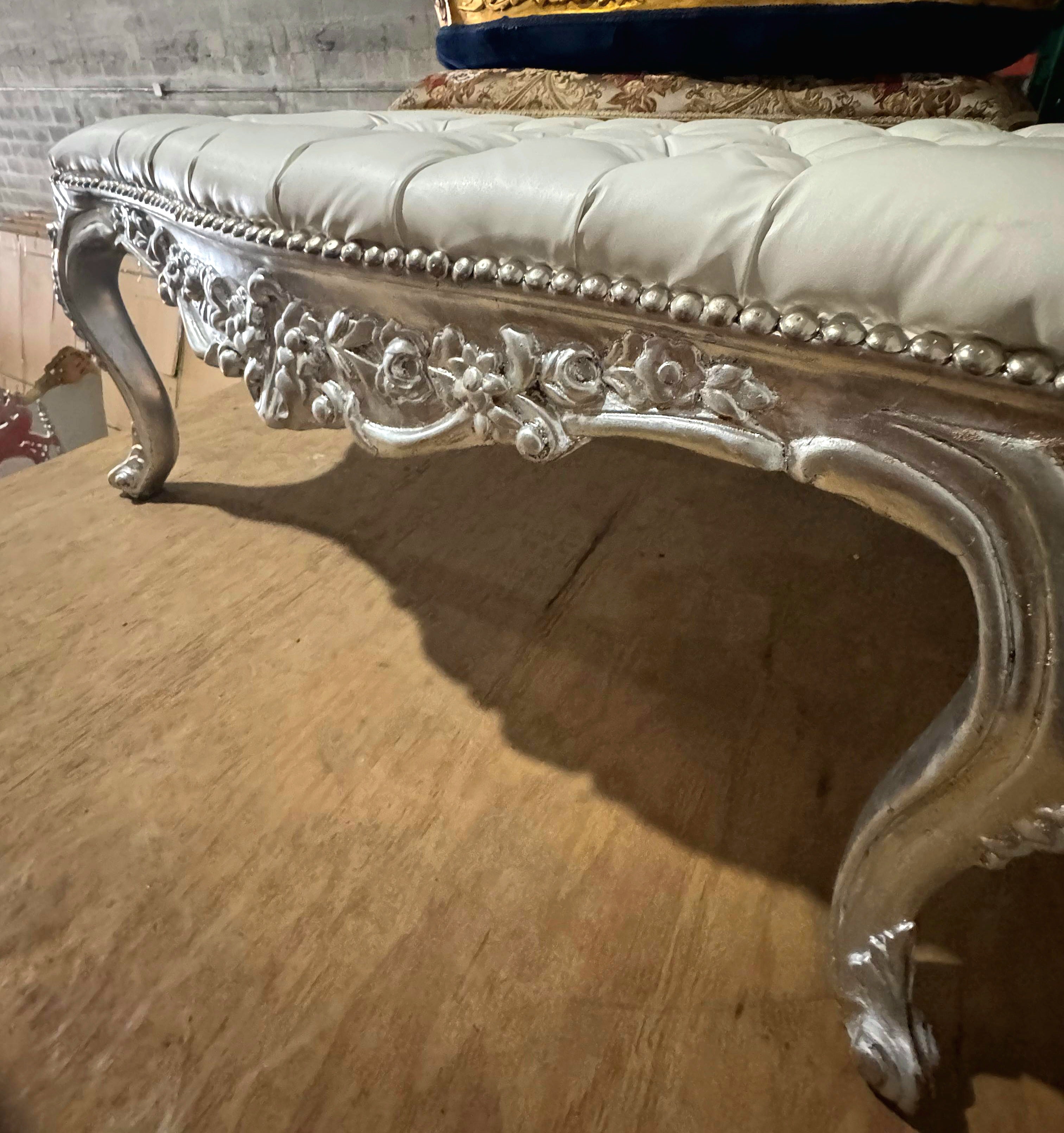 Luxury French Style Silver Leaf Bench – Tufted Designer Upholstery | Elegant Handmade Furniture