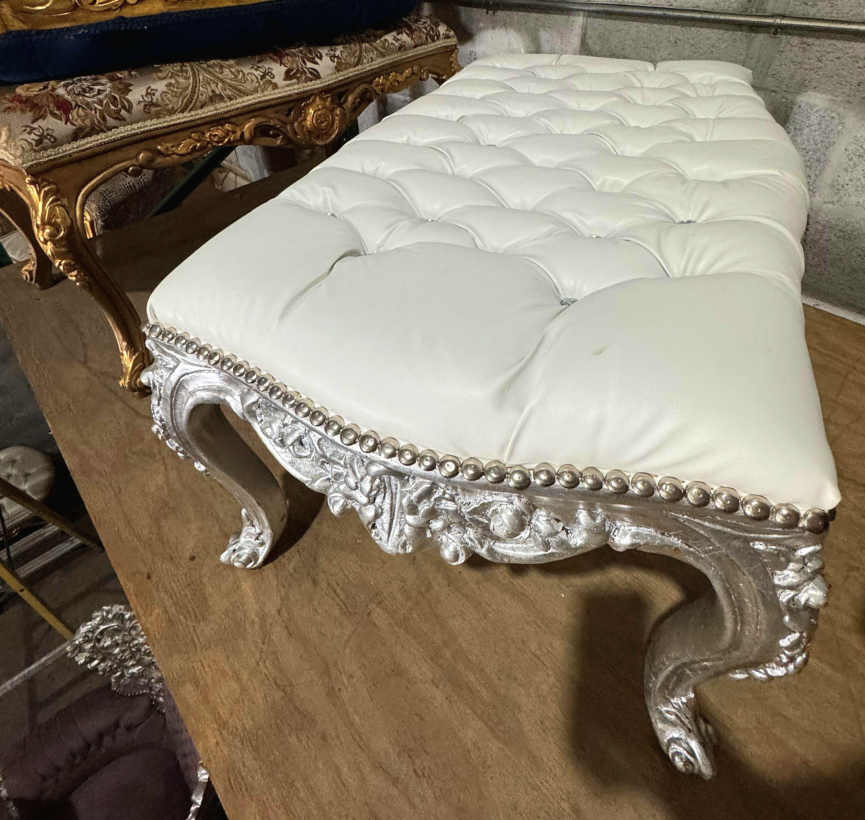 Luxury French Style Silver Leaf Bench – Tufted Designer Upholstery | Elegant Handmade Furniture