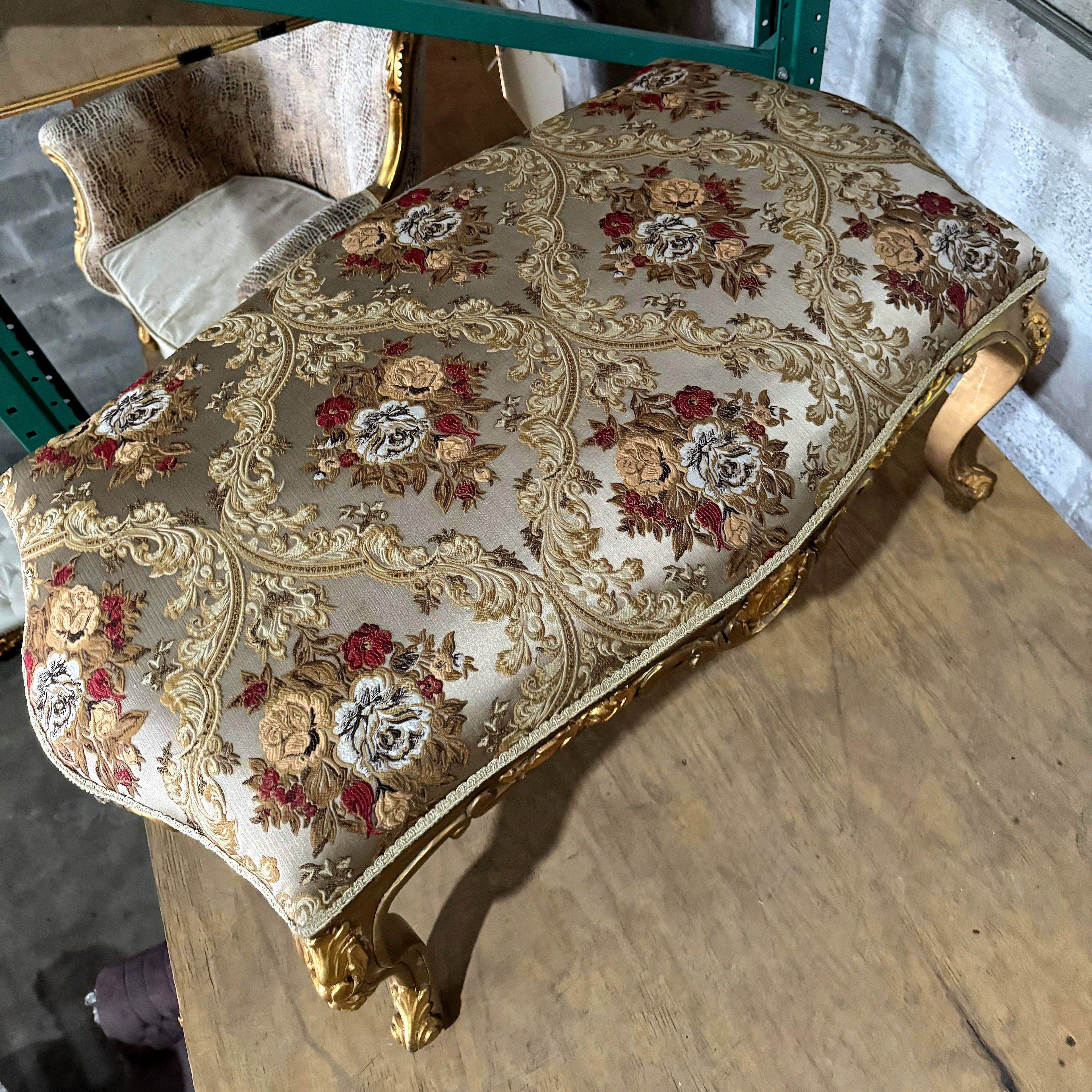 Romantic French Style Gold Leaf Bench – Tufted Damask Upholstery