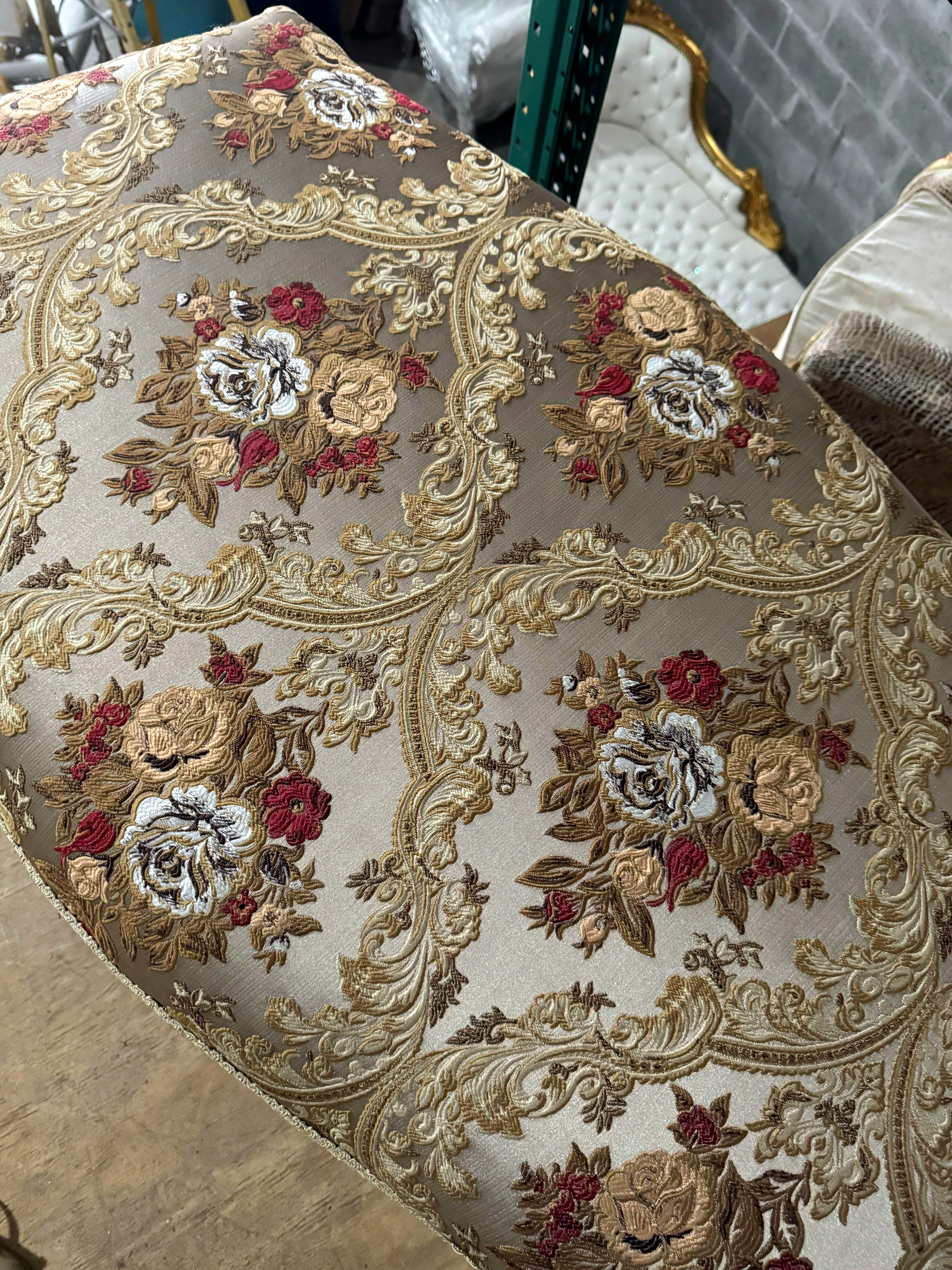 Romantic French Style Gold Leaf Bench – Tufted Damask Upholstery