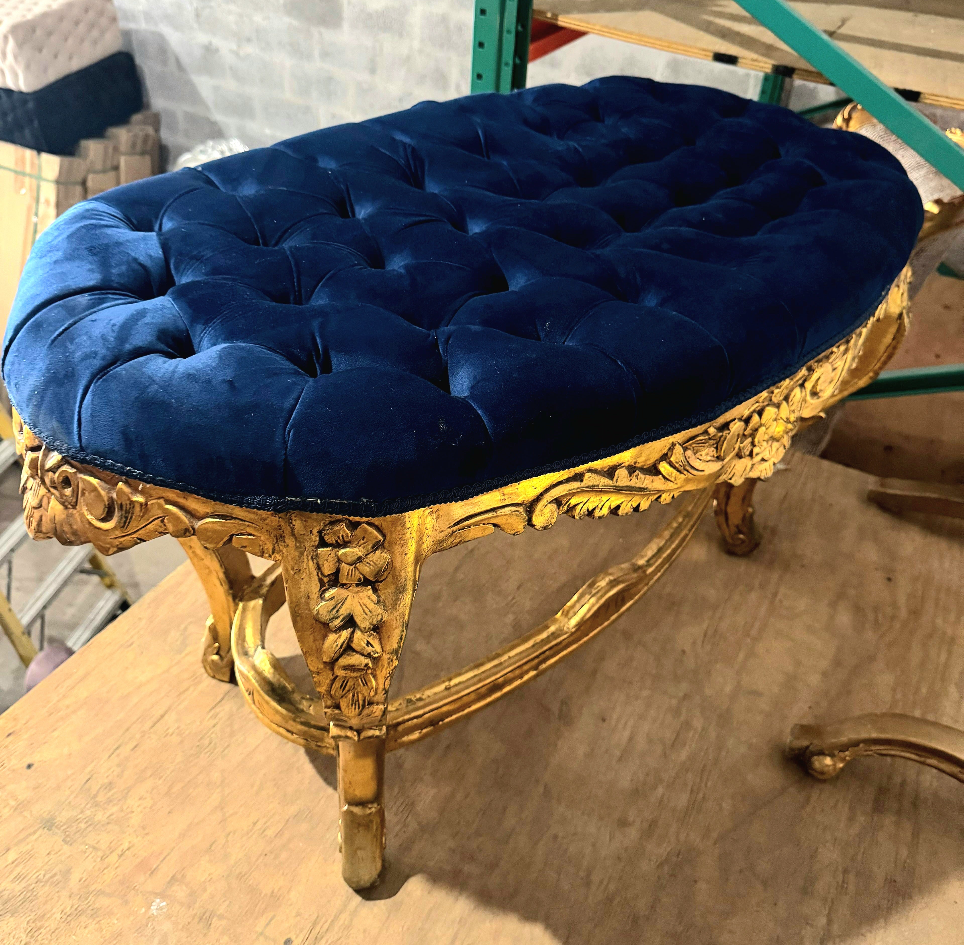 Late 20th Century French Style Gold Leaf Bench – Tufted Blue Velvet Upholstery