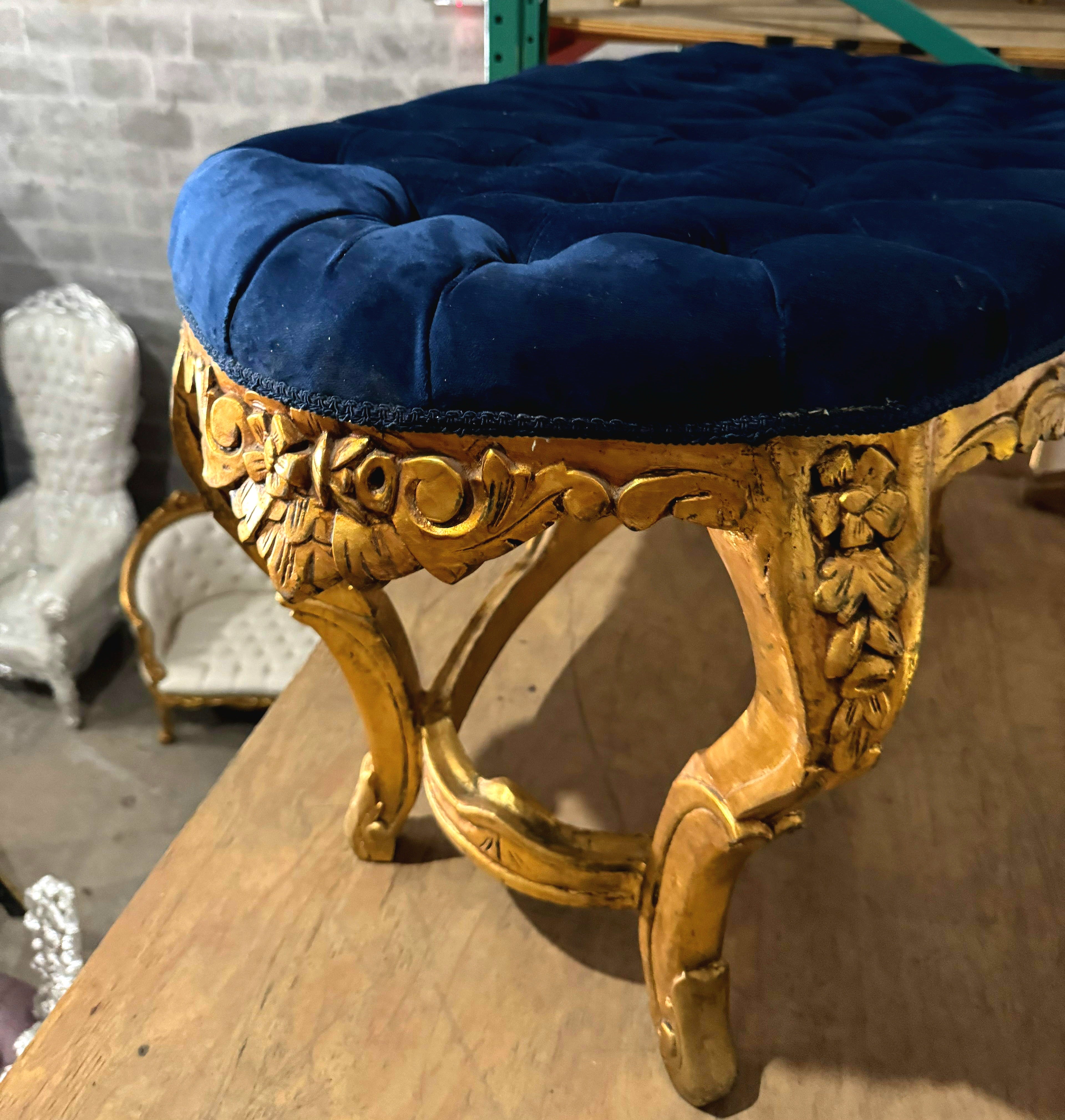 Late 20th Century French Style Gold Leaf Bench – Tufted Blue Velvet Upholstery