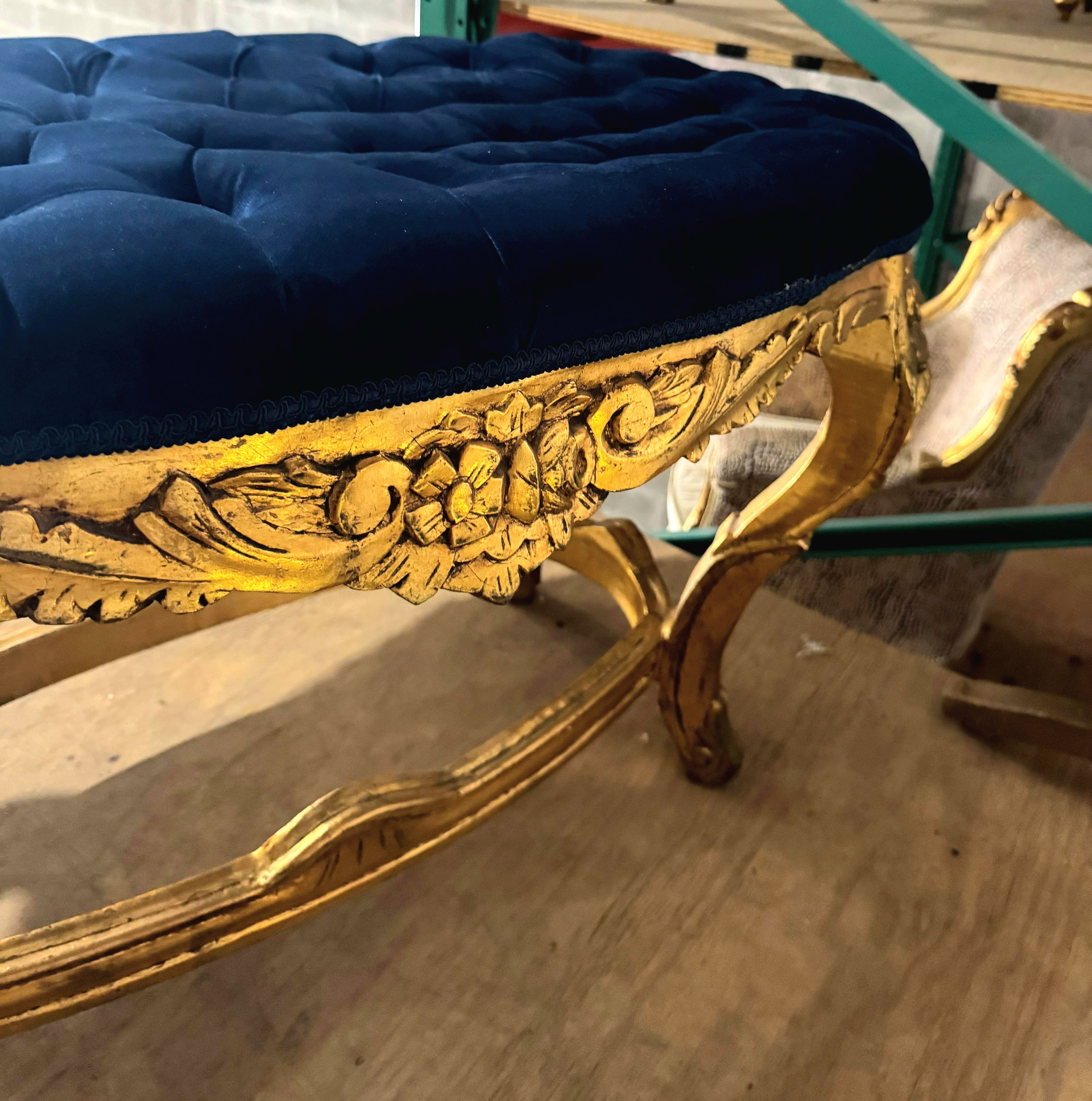 Late 20th Century French Style Gold Leaf Bench – Tufted Blue Velvet Upholstery