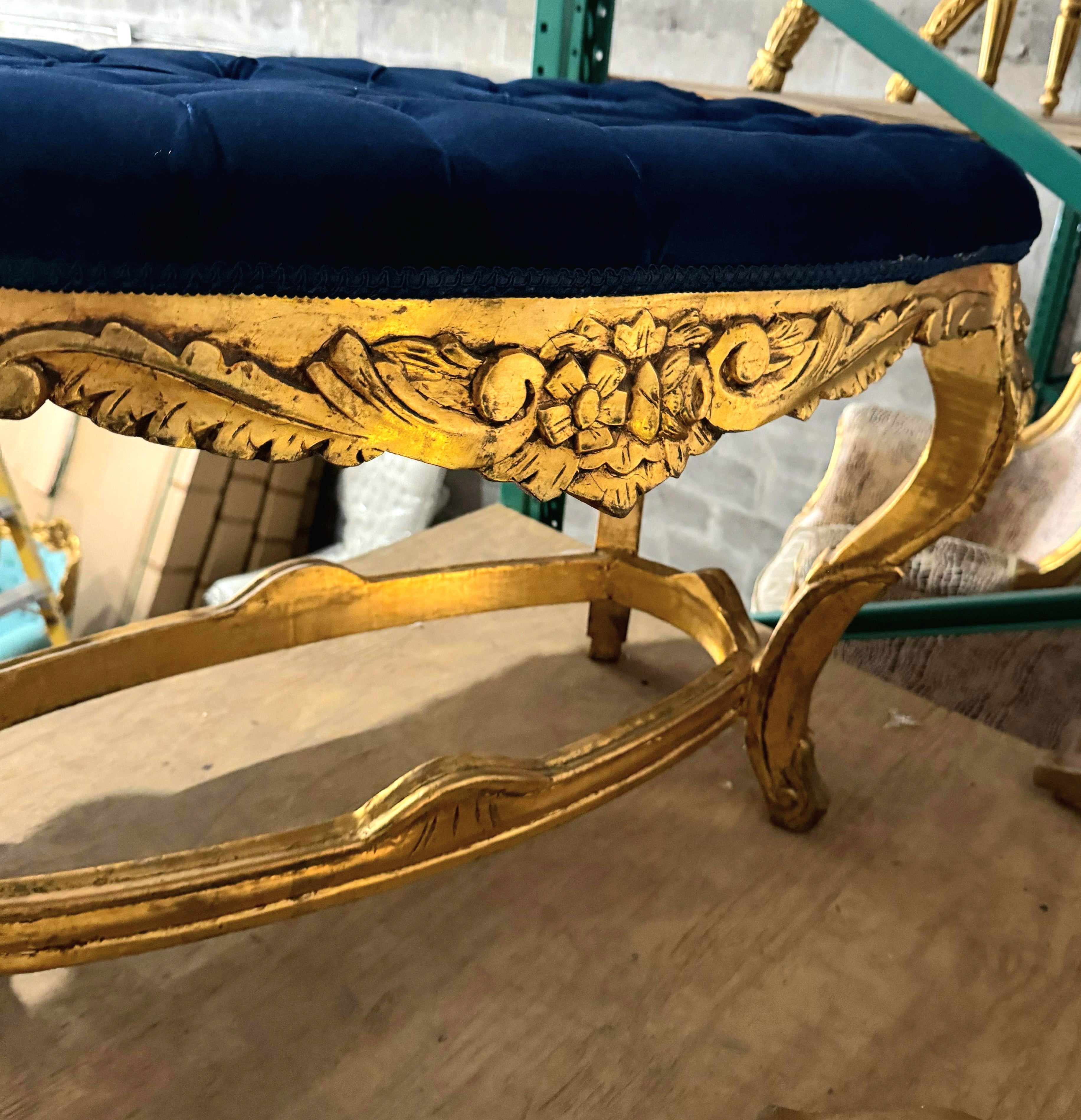 Late 20th Century French Style Gold Leaf Bench – Tufted Blue Velvet Upholstery