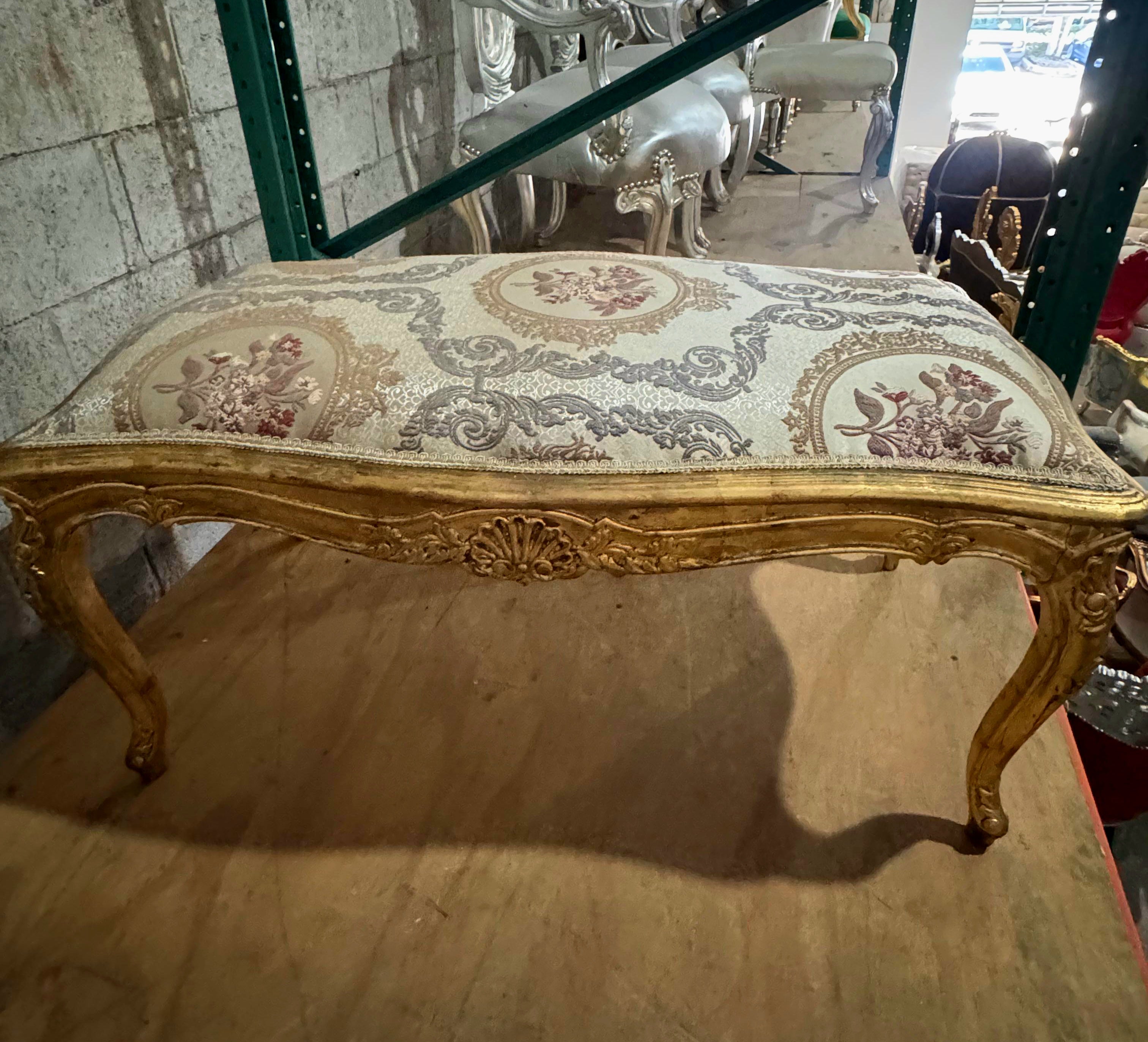 Luxury French Style Gold Leaf Bench – Tufted Damask Upholstery | Elegant Handmade Furniture