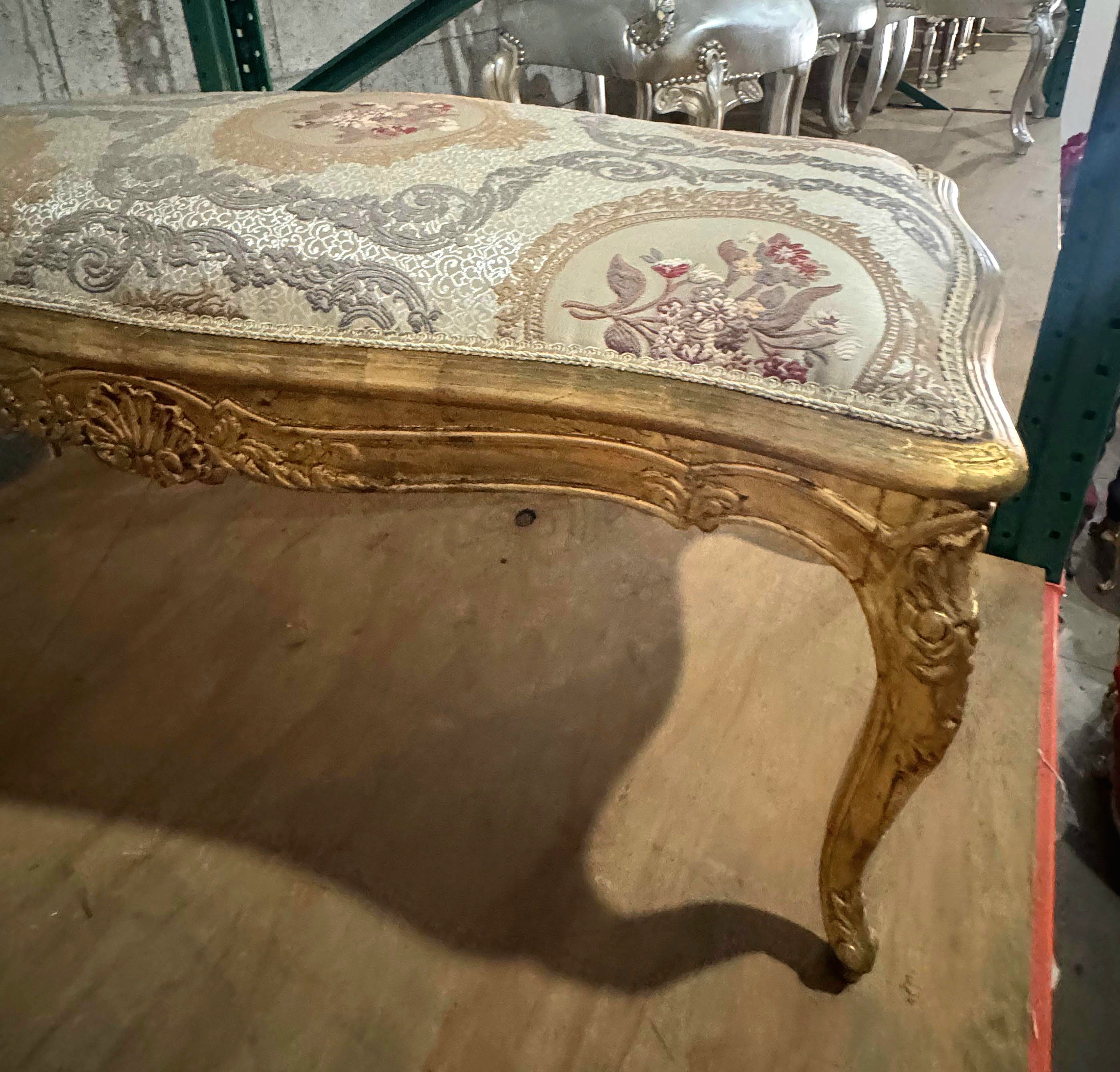 Luxury French Style Gold Leaf Bench – Tufted Damask Upholstery | Elegant Handmade Furniture