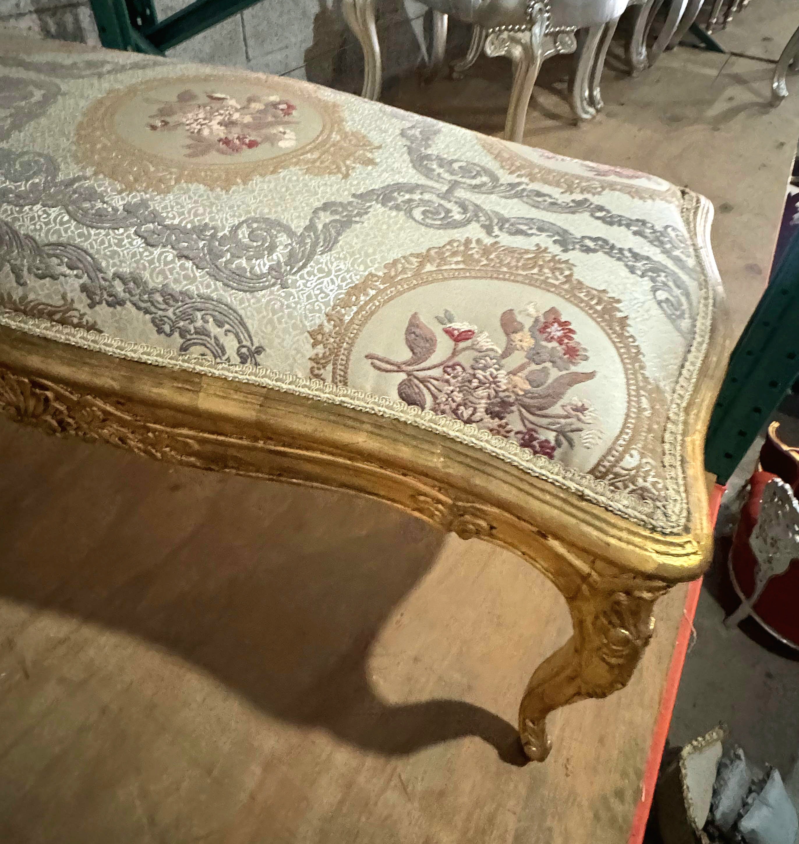 Luxury French Style Gold Leaf Bench – Tufted Damask Upholstery | Elegant Handmade Furniture