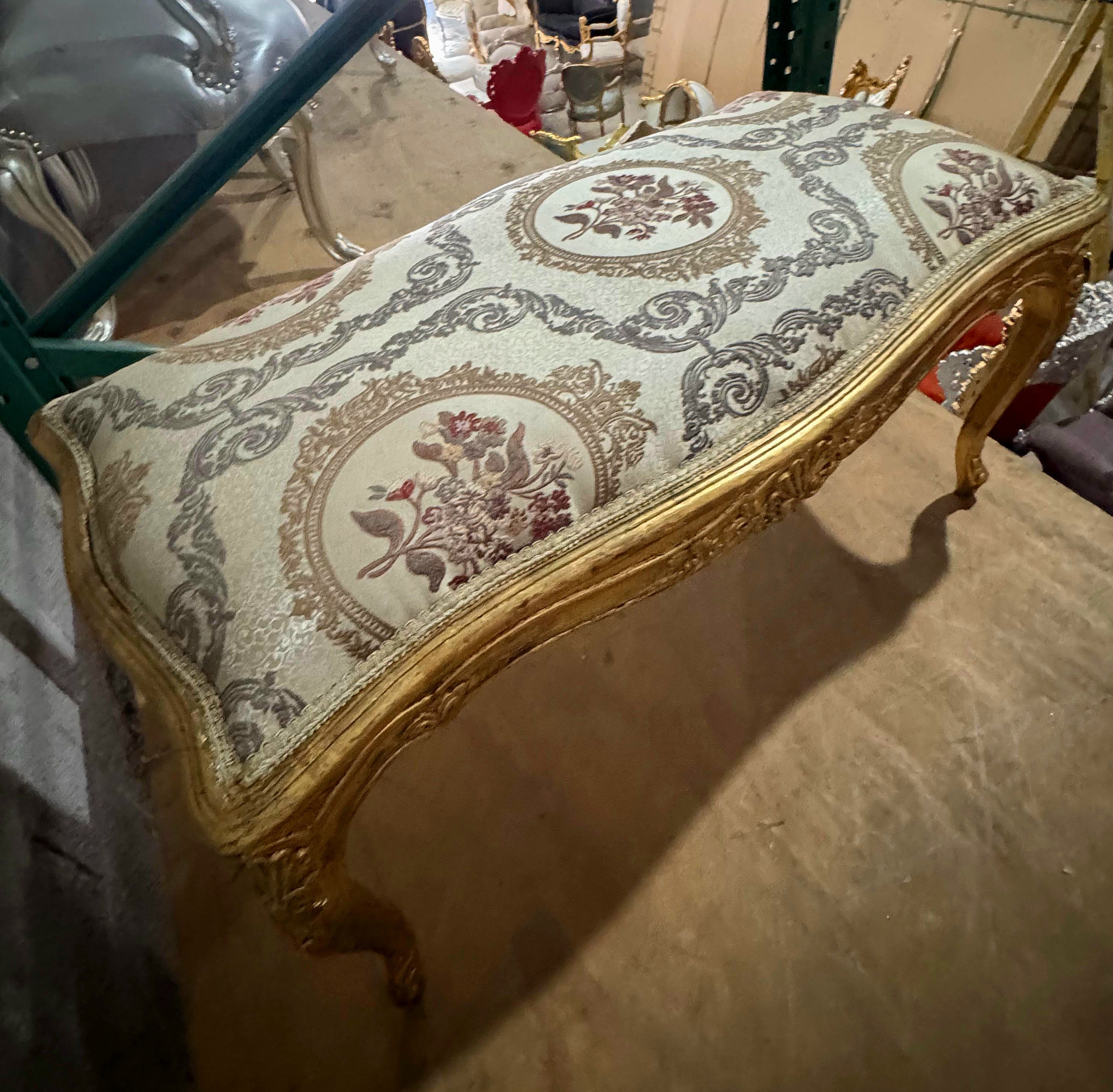 Luxury French Style Gold Leaf Bench – Tufted Damask Upholstery | Elegant Handmade Furniture