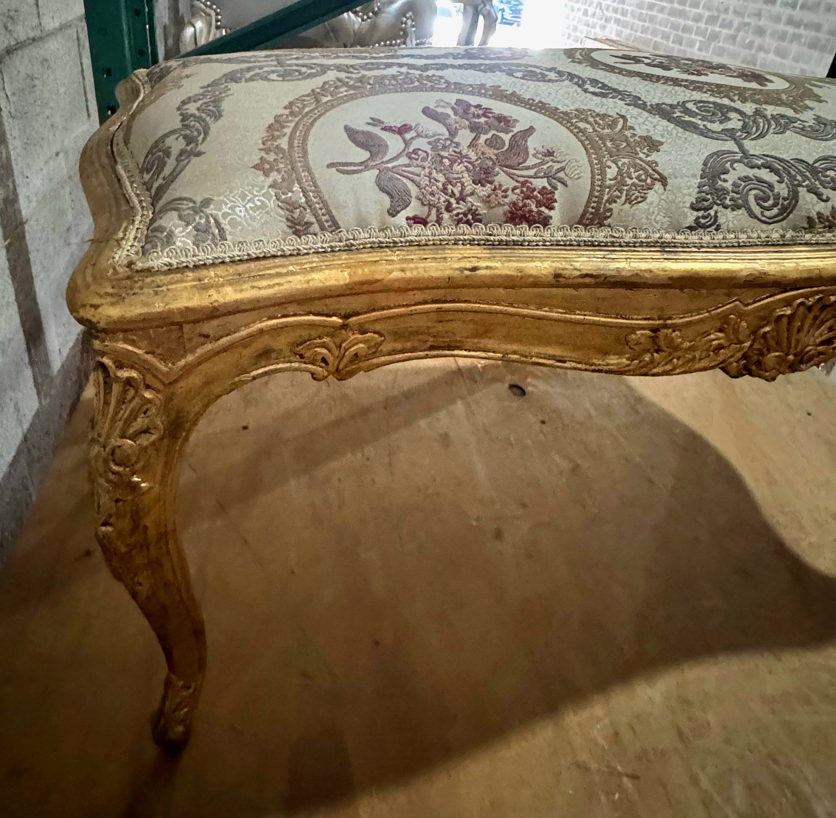 Luxury French Style Gold Leaf Bench – Tufted Damask Upholstery | Elegant Handmade Furniture