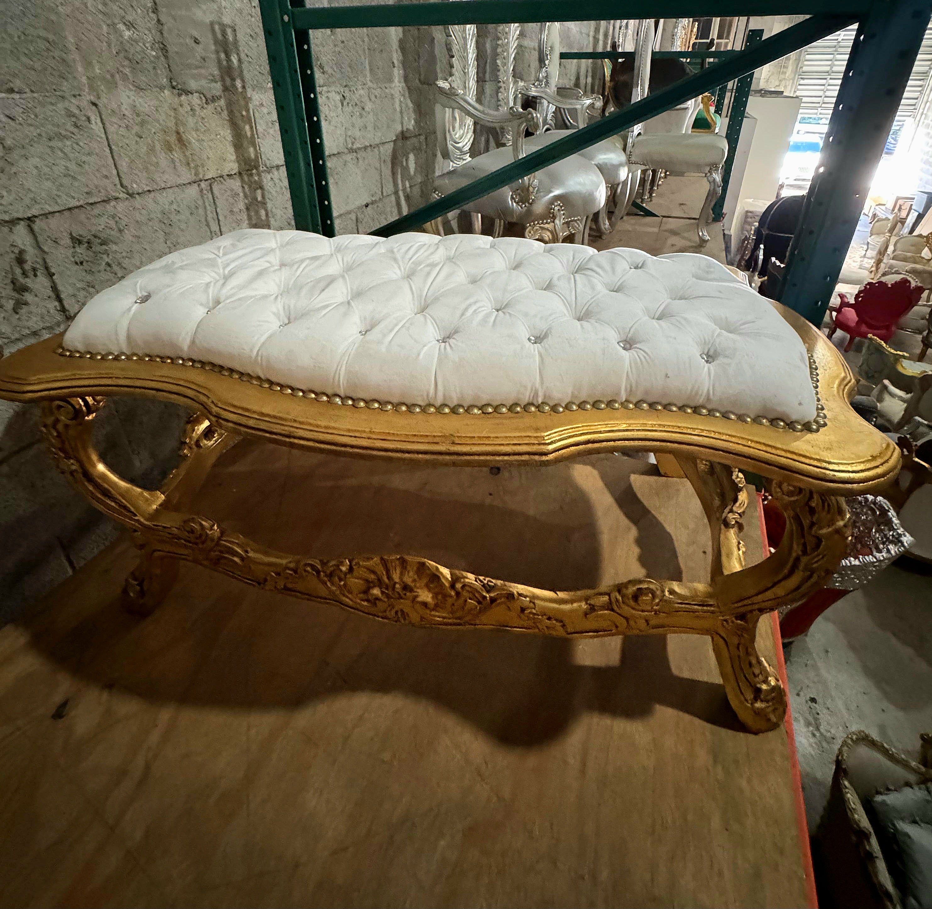 French Rococo Tufted Bench with Gold Leaf Frame & Crystal Button Details