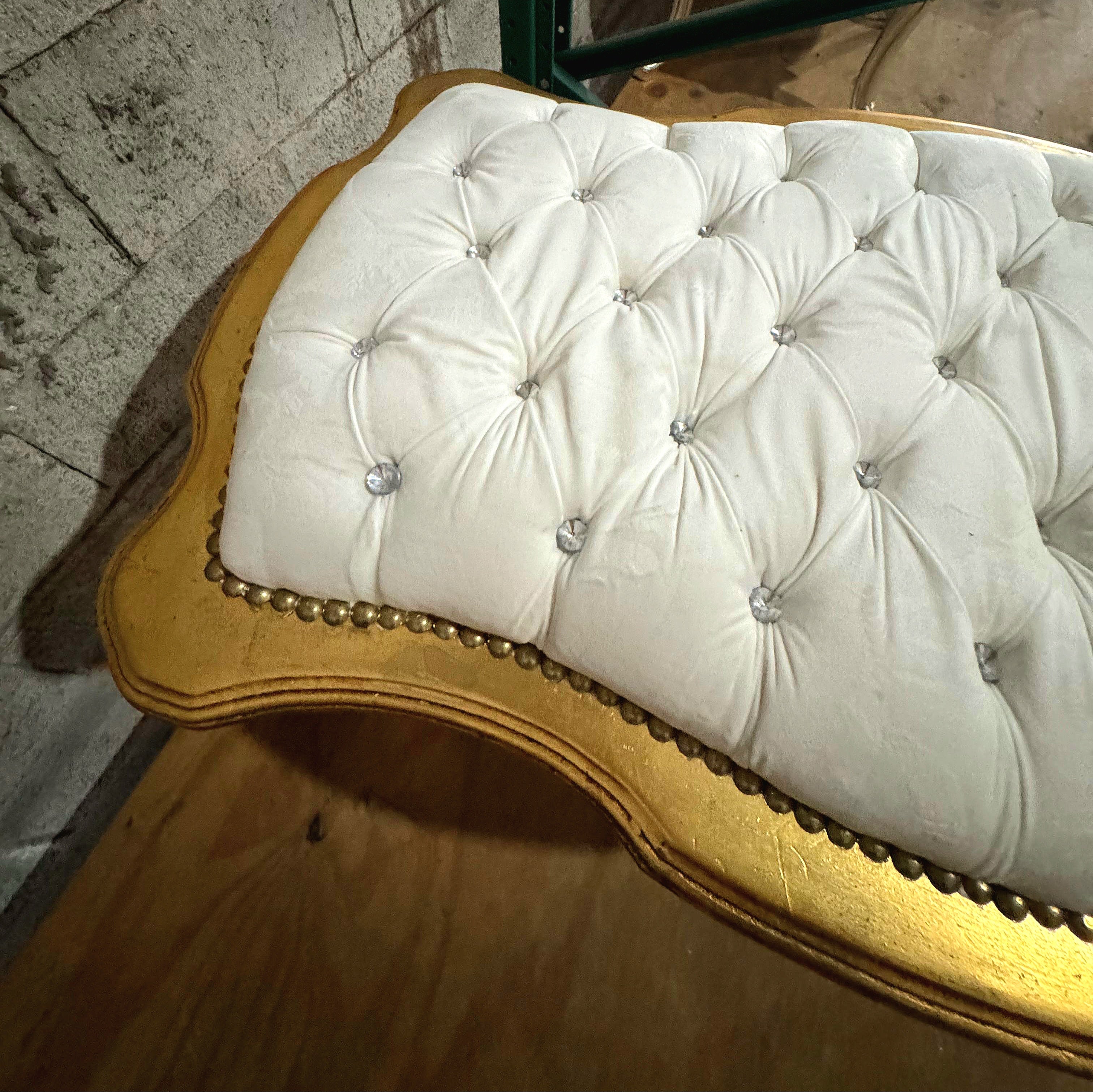 French Rococo Tufted Bench with Gold Leaf Frame & Crystal Button Details