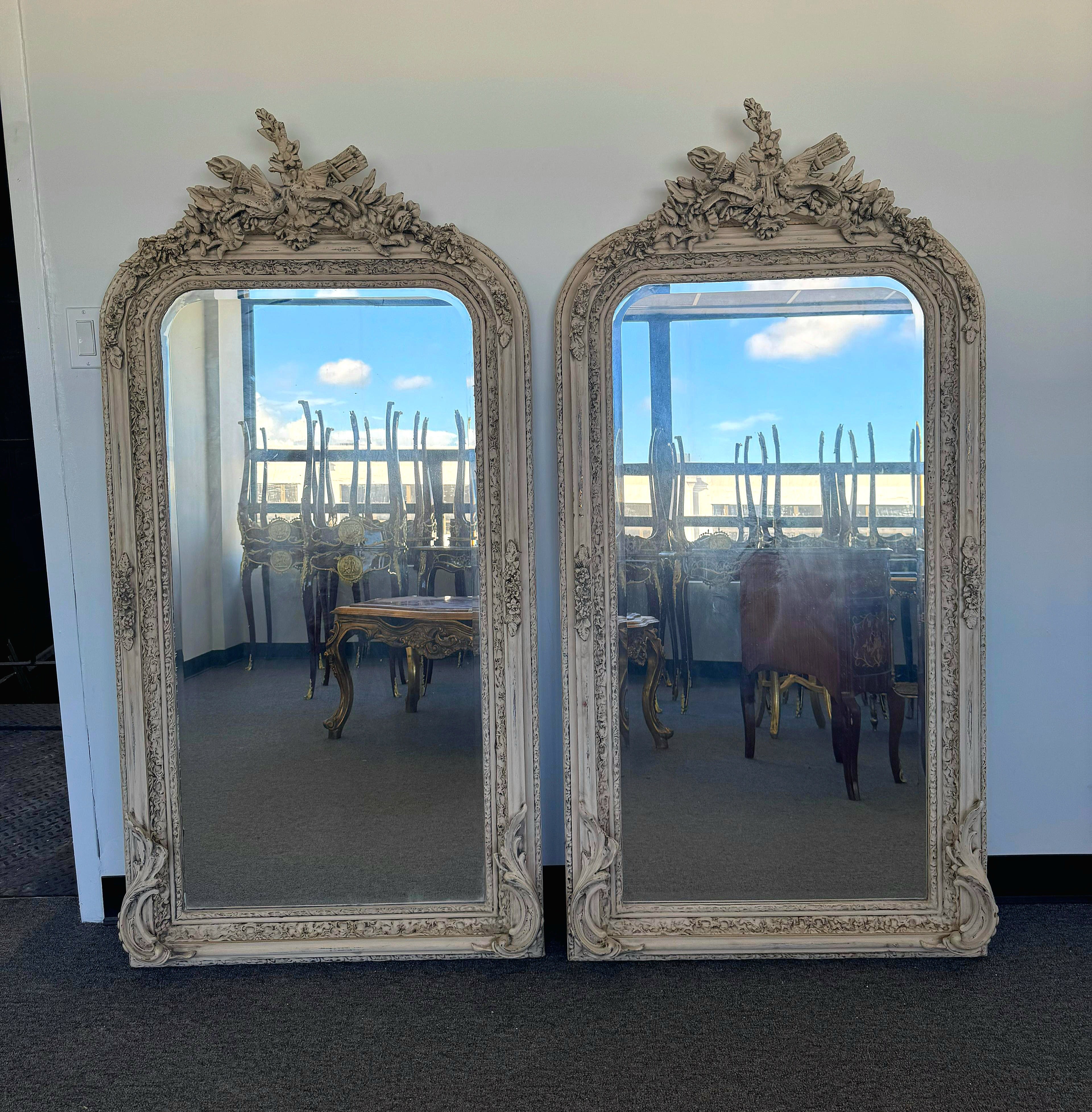 French Style Birds Floor Mirror 5 Feet Tall Home Decor Mirror in a Unique Bone-Colored Finish