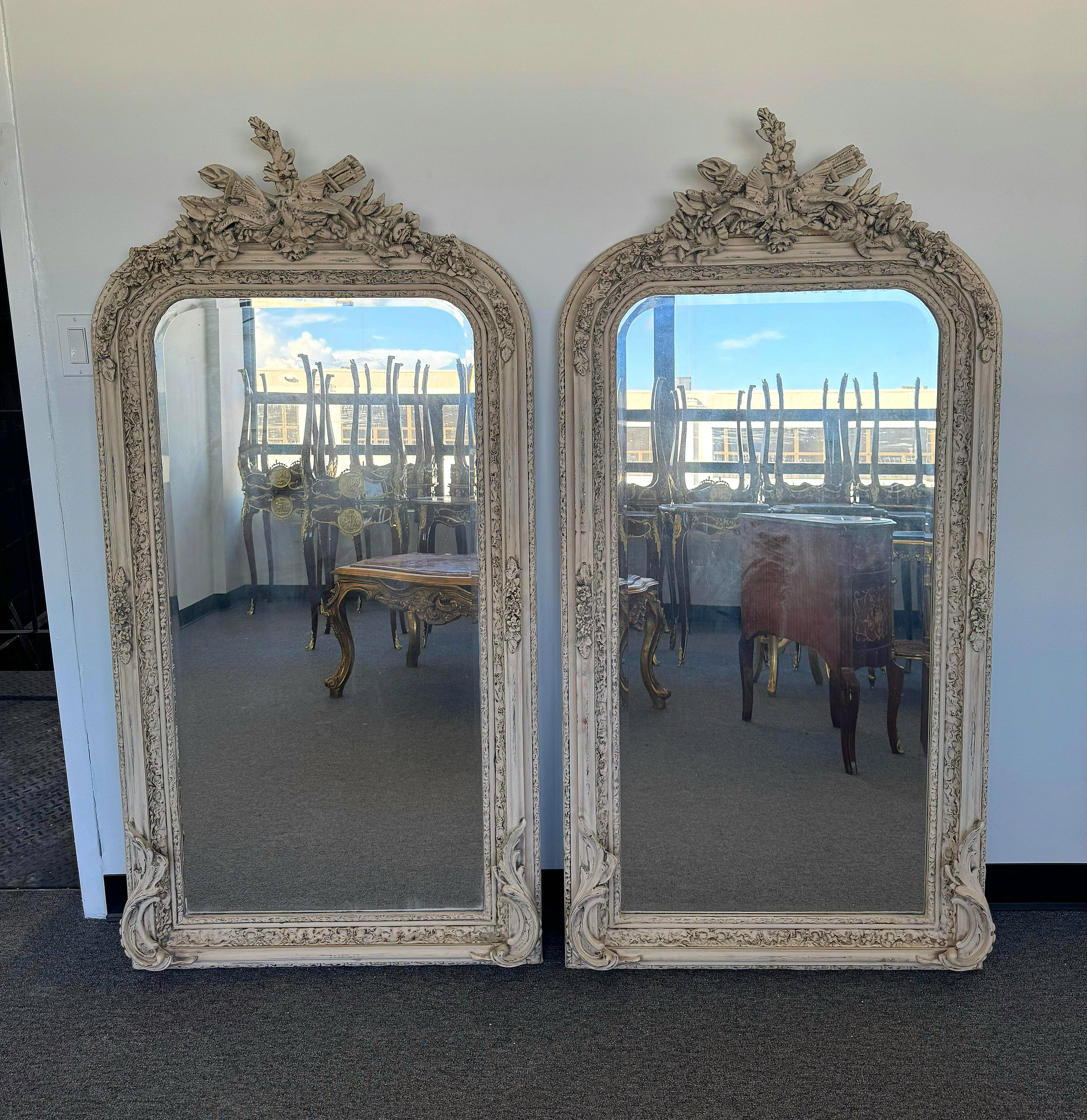 French Style Birds Floor Mirror 5 Feet Tall Home Decor Mirror in a Unique Bone-Colored Finish
