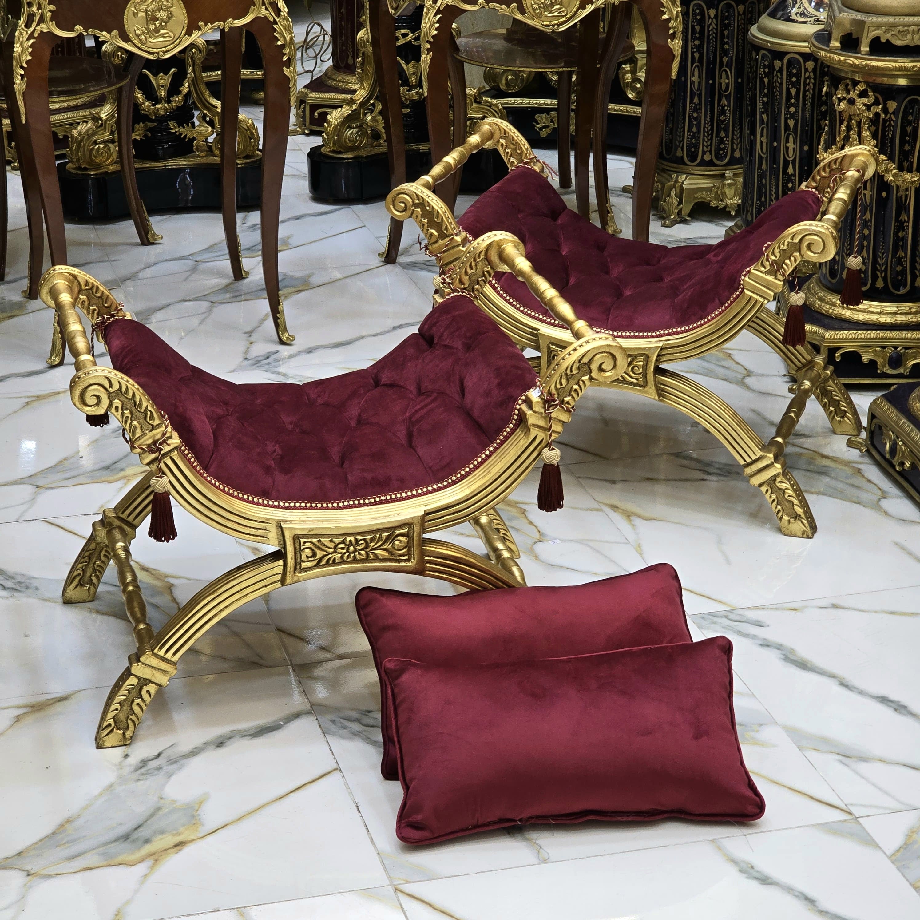 Baroque Style Bench – Cherry Tufted Velvet Upholstery with Gold Leaf Details