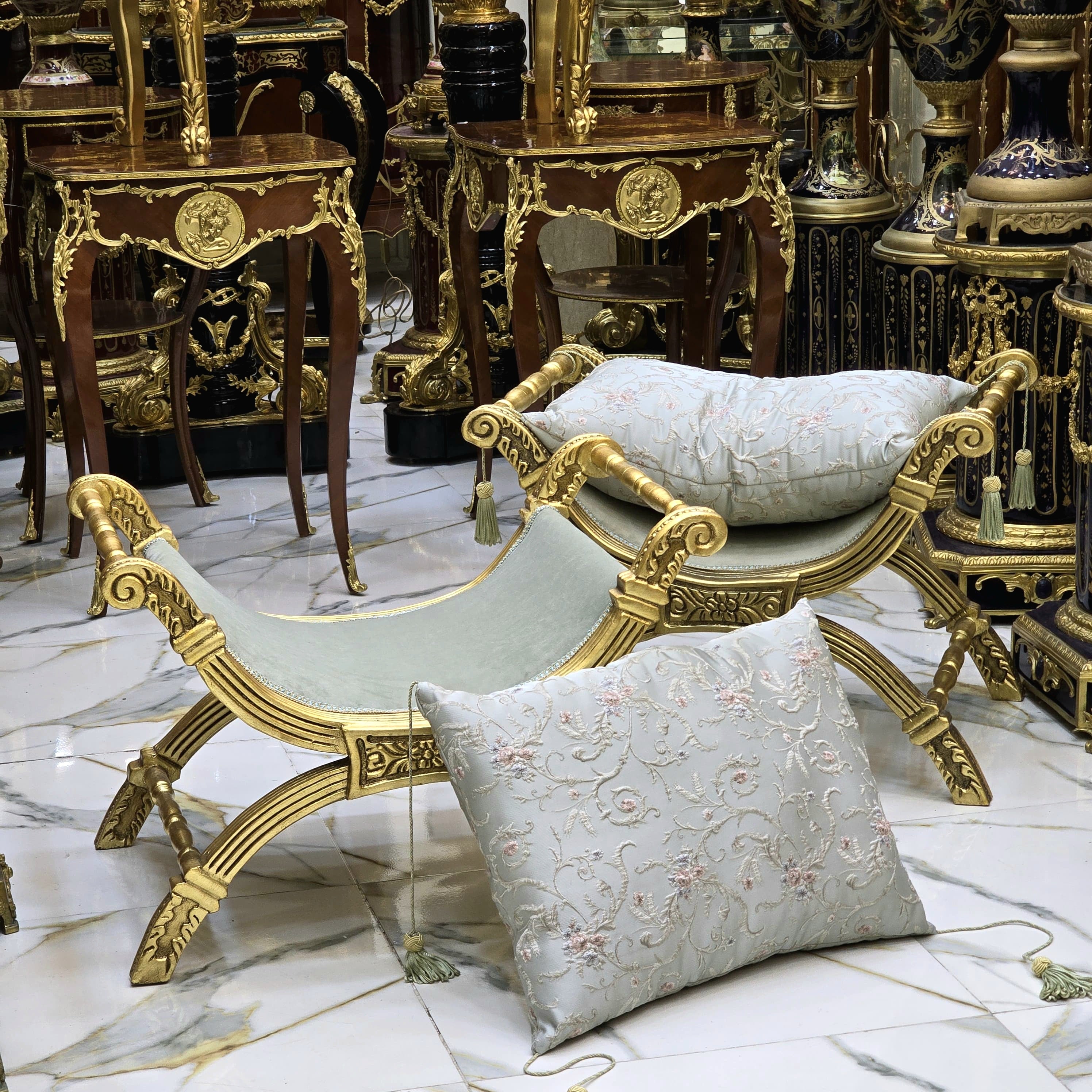 Small Baroque Style Bench – Light Blue Damask Upholstery with Gold Leaf Details