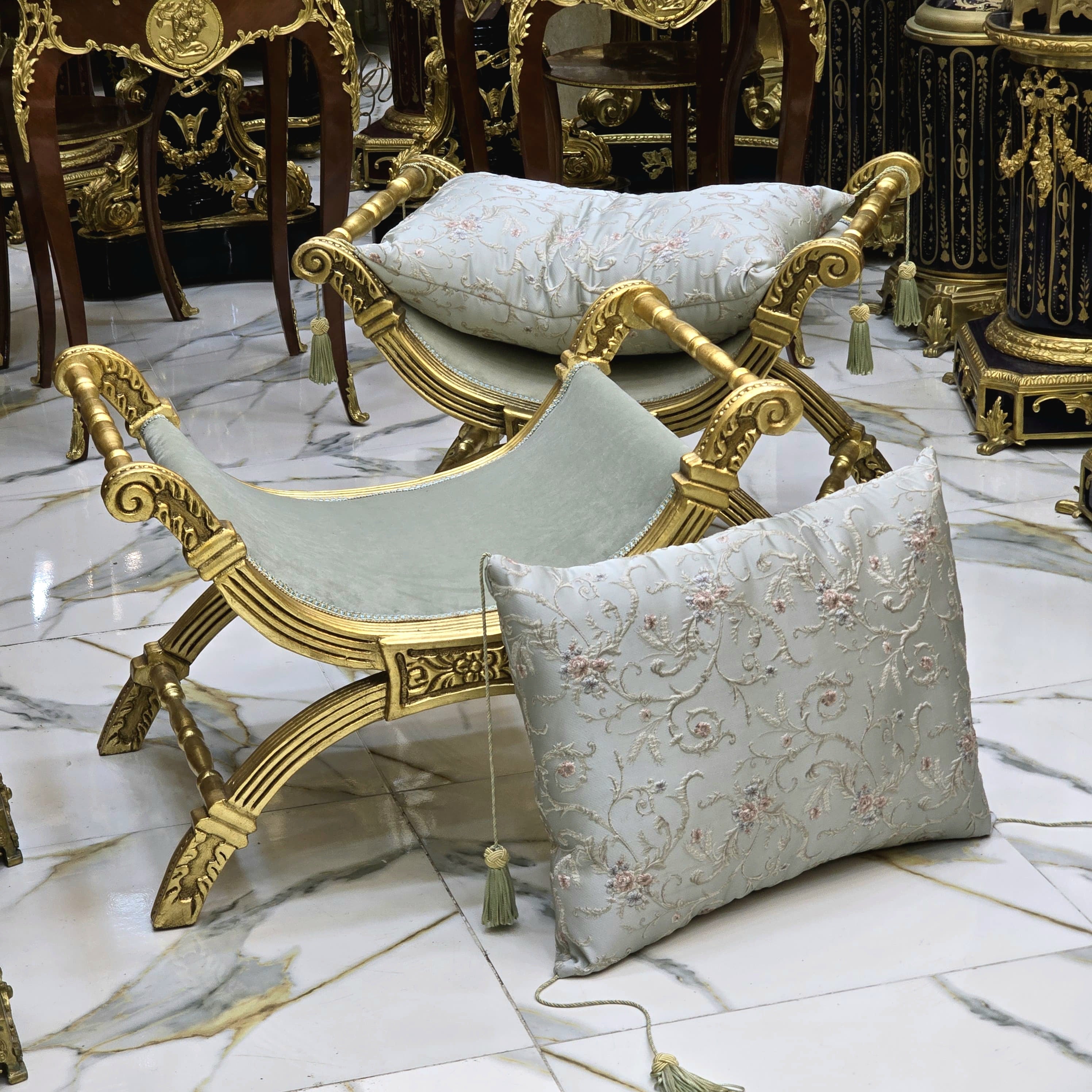 Small Baroque Style Bench – Light Blue Damask Upholstery with Gold Leaf Details